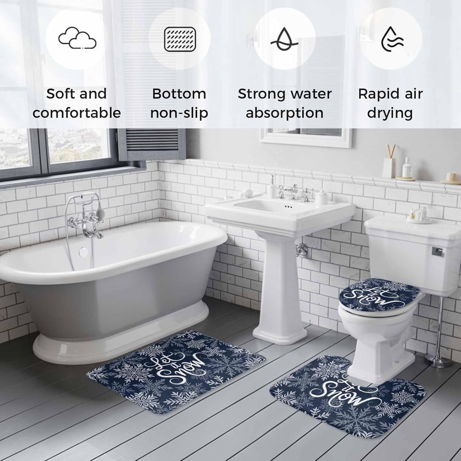 LooPoP Christmas Bathroom Rugs and Mats Sets 3 Piece Navy Blue Snowflake Non Slip Bath Rug Set with U Shape Rug Snow Contour Toilet Rug for Bathroom Floor Christmas Decor Large Size