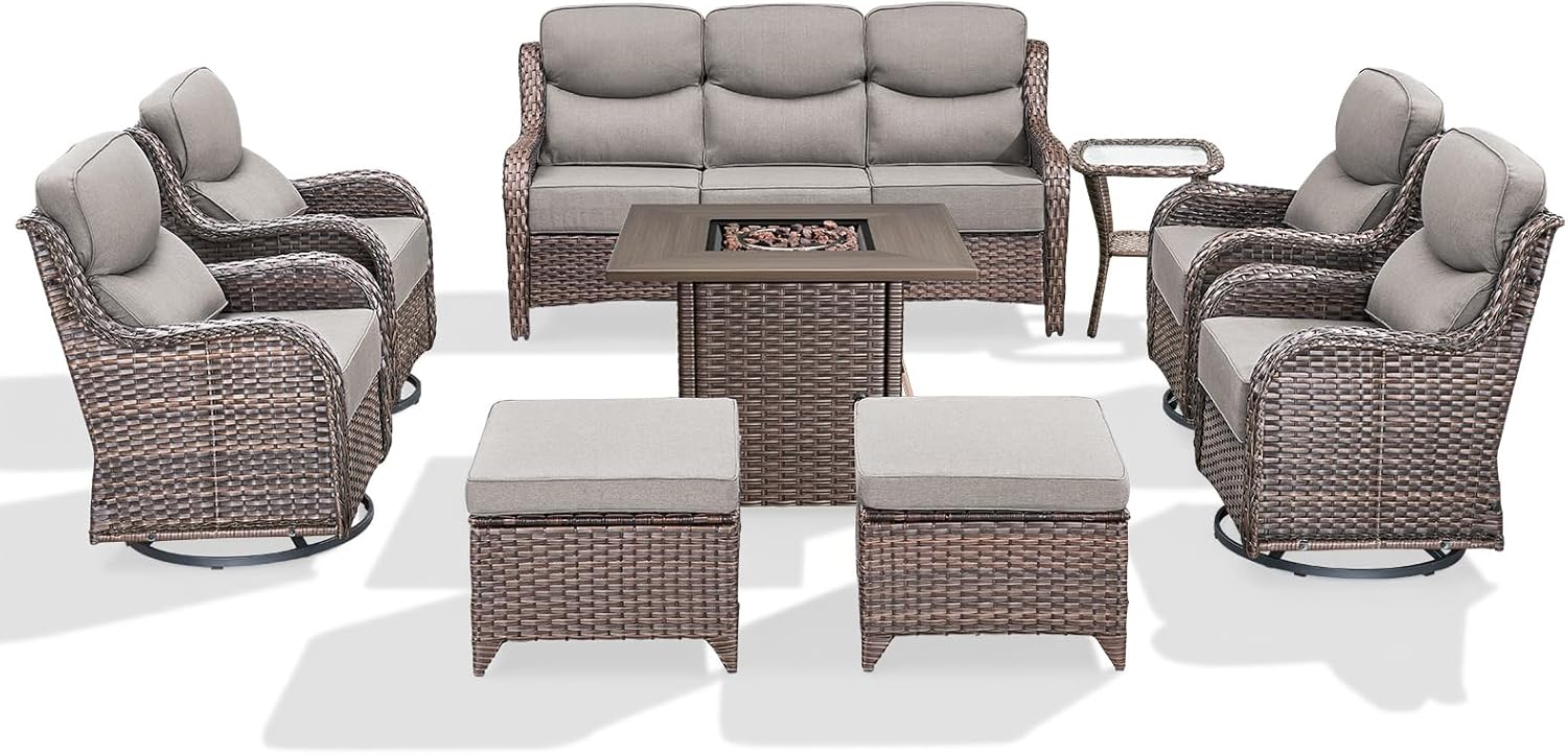 Luxury Patio Furniture Set with 6-inch Thick Cushion, Outdoor Furniture with Fire Pit Table, Swivel Chairs, Sofa, Side Table, Ottomans, 9pcs Wicker Conversation Set for Deck Yard and Poolside(Grey)