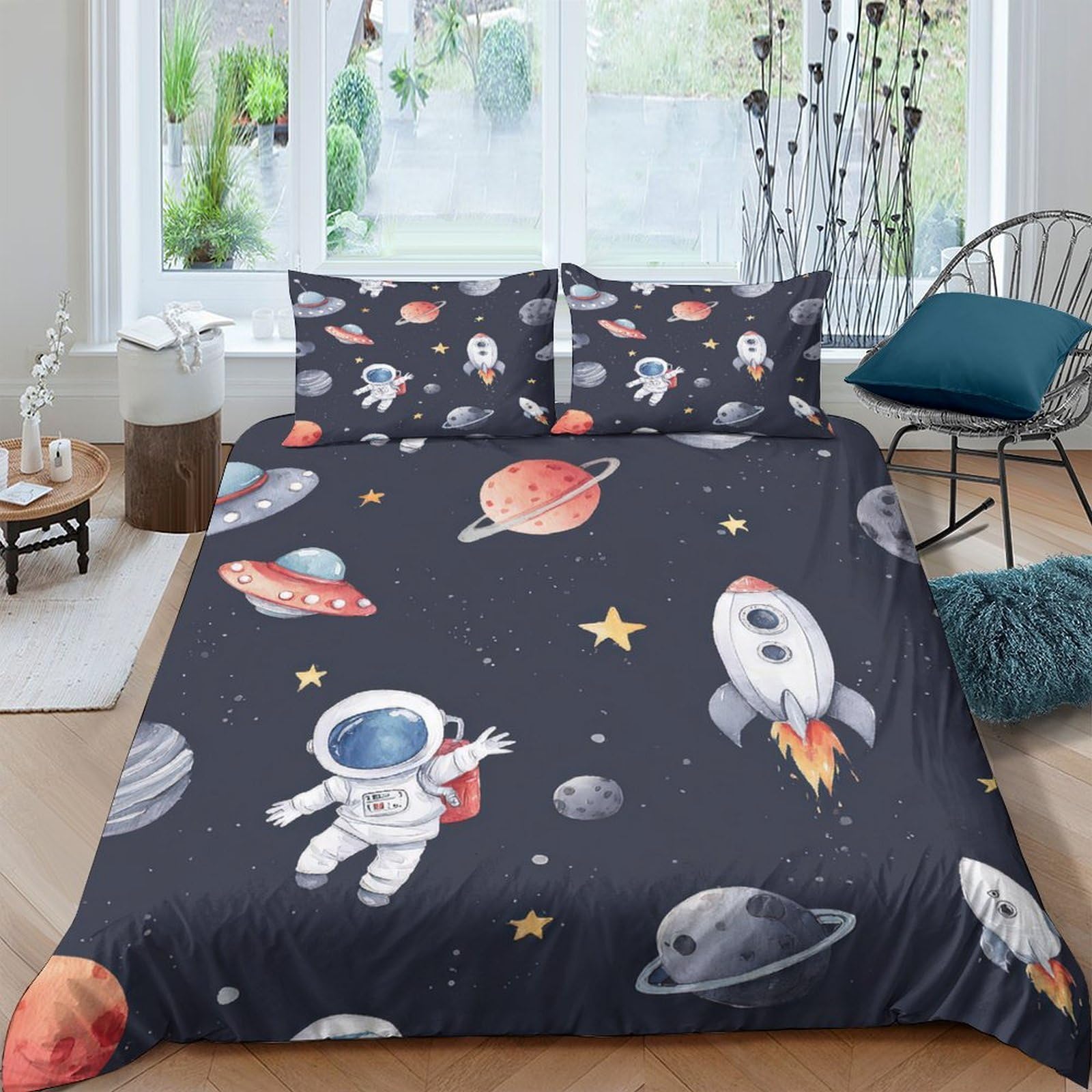 GPLZQXKJNH 3D Printed Space Astronaut Duvet Cover Microfiber Soft Breathable Rocket Planet Bedding Set with 2 Pillowcases for Bedroom Decor, Single（135x200cm）