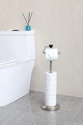 Miniatura 4 de ZCCZ Soporte de papel higiénico con almacenamiento, dispensador de pañuelos de pie, acabado de níquel, capacidad para hasta 5 megarrollos, no