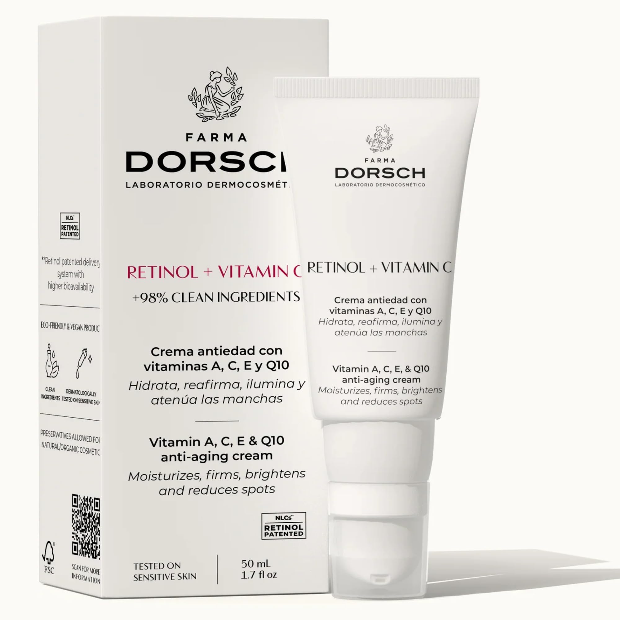 FARMA DORSCH - Retinol + Vitamina C | Crema Facial Antiarrugas Hidratante | Eficacia Clínica Probada: 95% Reducción de Arrugas | Fórmula Vegana y Eficaz | 50 ml