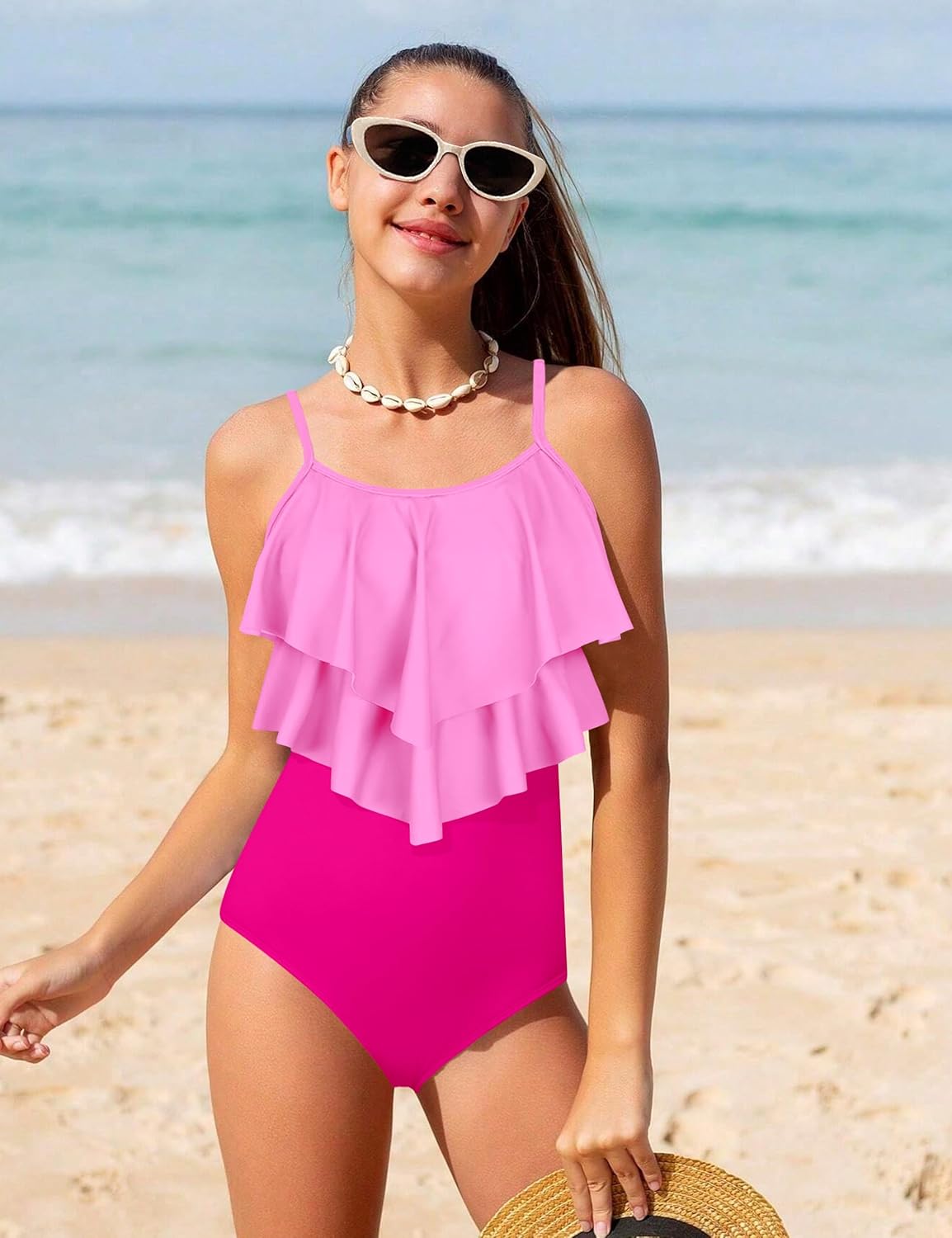 Girls Swimsuit Color Block One Piece Swimsuit 2-Tiered Ruffle Bathing Suit Adjustable Strap Girls' Swimwear 7-16Y - Image 3