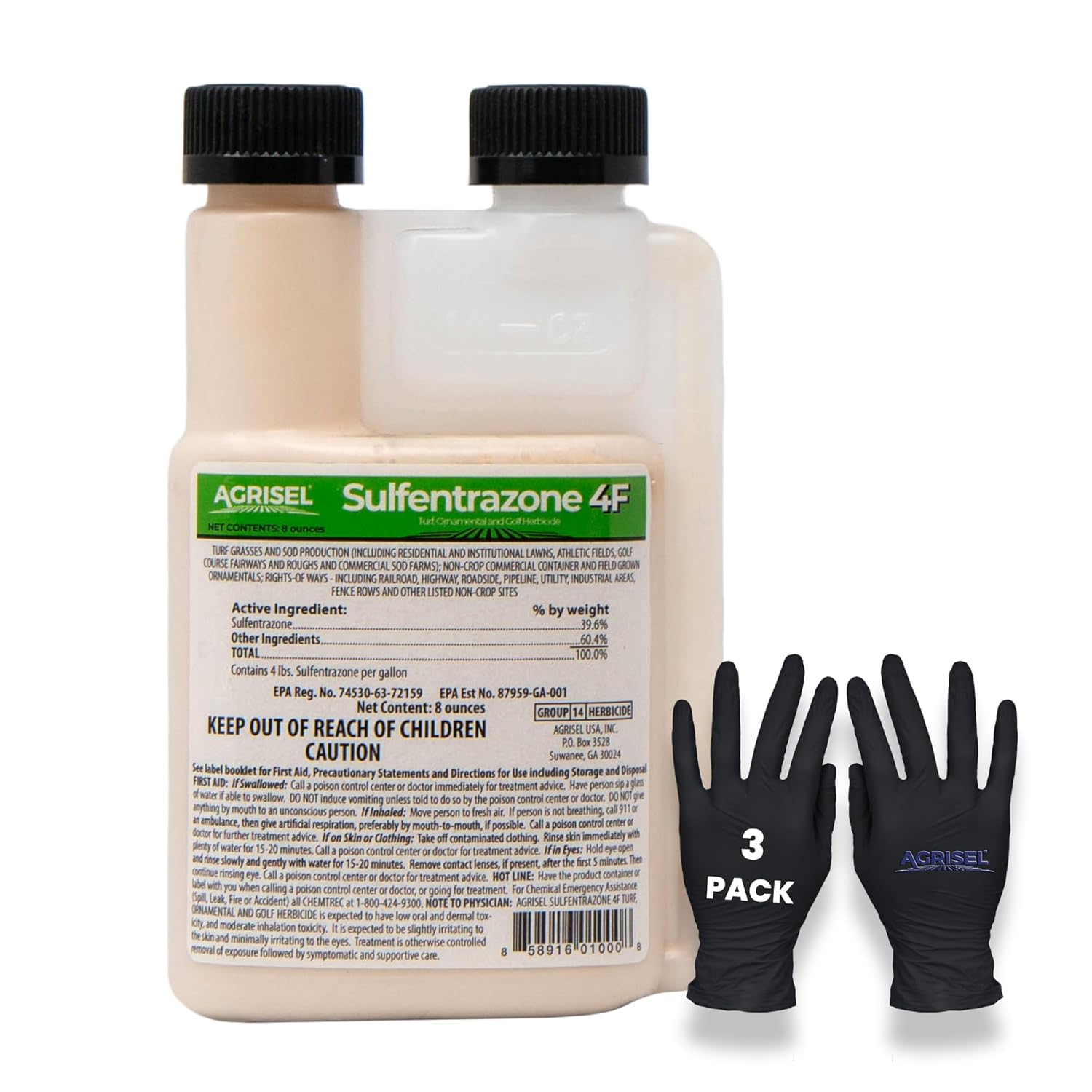 Sulfentrazone 4F Weed Killer, Pre-Emergent and Post-Emergent, Broad-Spectrum Control, Stops 100+ Weeds, Pet Safe, Includes 3-Pack of Agrisel Protective Gloves, 8 Ounces