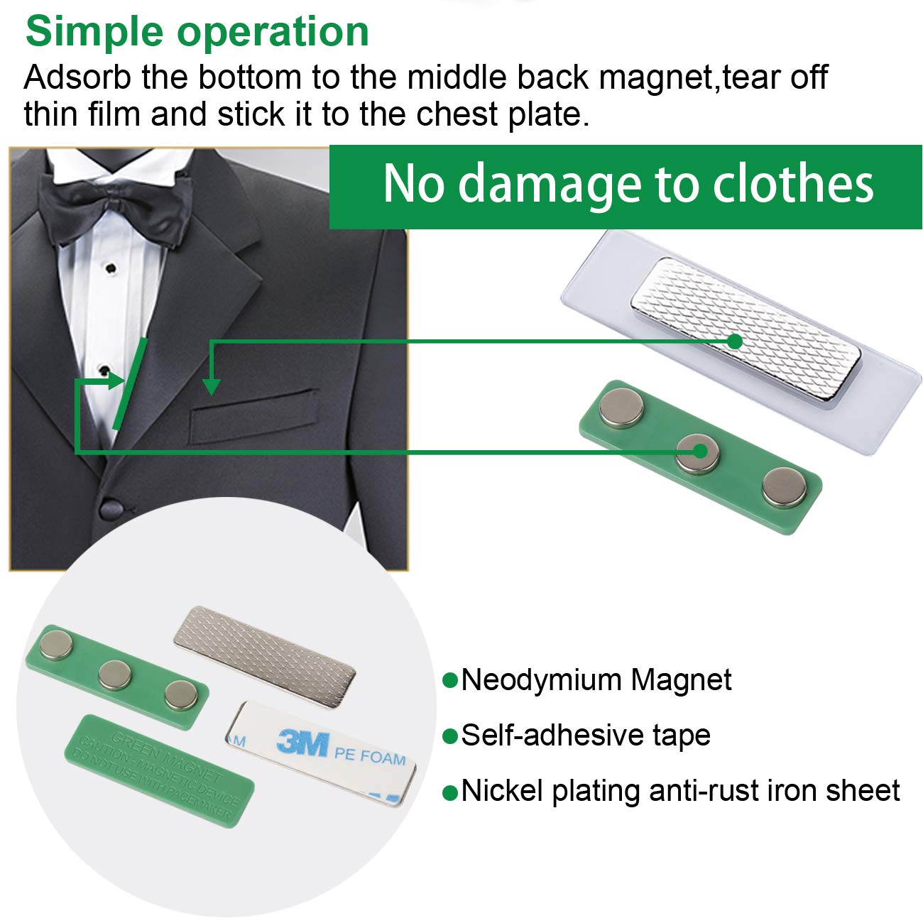Magreen Magnete, starke magnetische Namensschild-Halter mit Stahlrückplatte, Namensschilder/Ausweismagnete, Verschluss mit 3M-Kleber auf der Frontplatte, starke Neodym-Magnete, 120 Stück