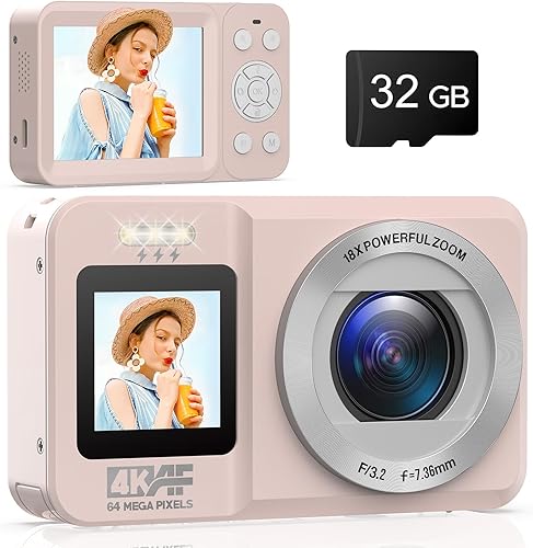 Miniatura 9 de Cámara digital, cámara de doble pantalla 4K 64MP UHD, zoom digital de 18X, cámara portátil de apuntar y disparar con tarjeta TF de 32 GB y batería