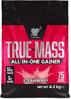 BSN True Mass All-In-One Gainer Protein and Carbohydrate Powder with Creatine, Glutamine, Vitamin D and Zinc, Muscle Gain and Recovery Workout Powder, Strawberry Flavour, 25 Servings, 4.2 kg