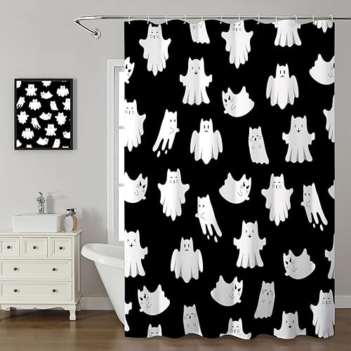 Miniatura 4 de Bonita cortina de ducha de Halloween con 12 ganchos, impermeable, espeluznante, fantasma, gato, cortina de baño, decoración de cortina de baño,