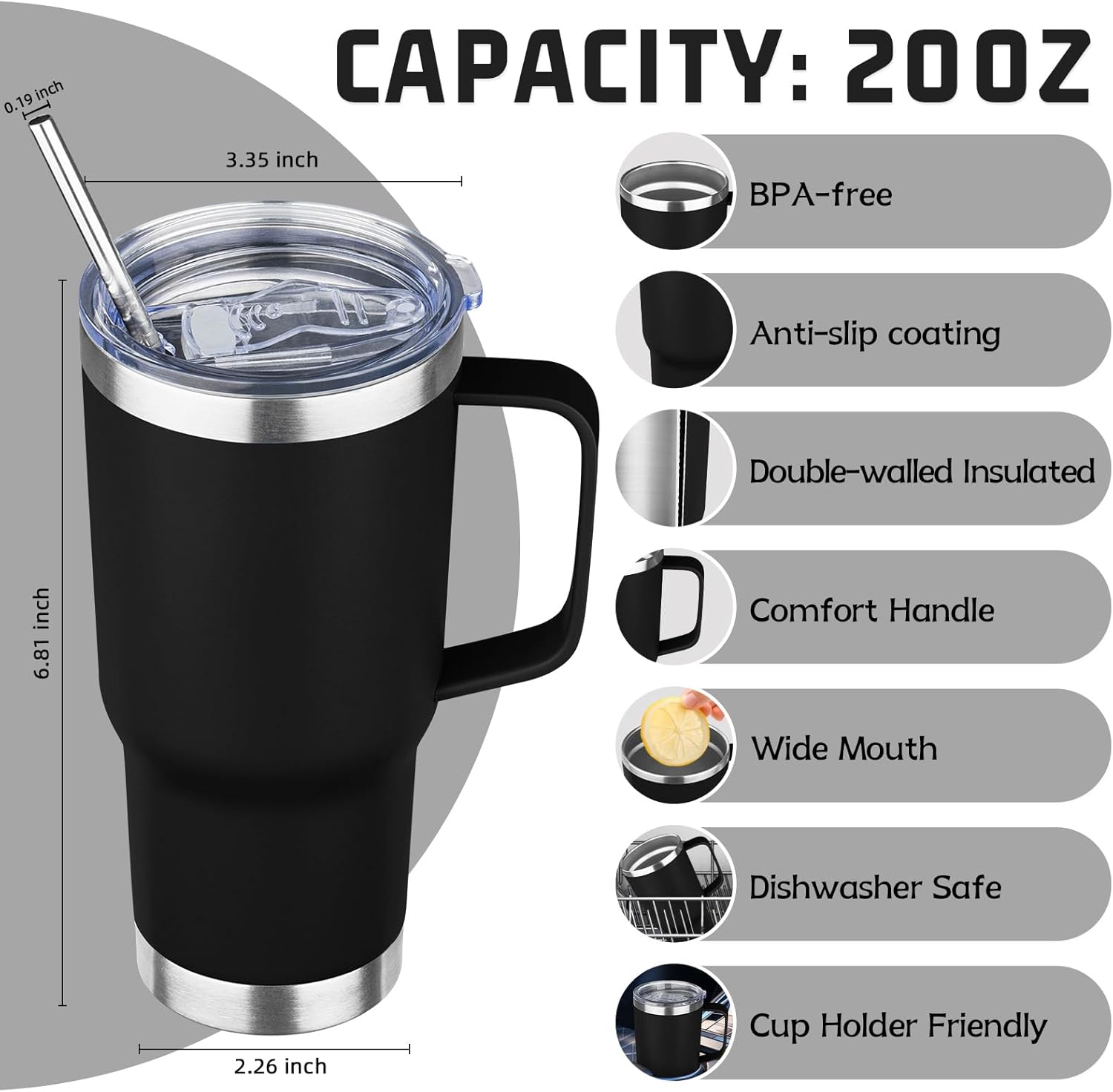 20 oz Tumbler with Handle Stainless Steel Insulated Coffee Mug Tumbler with Lid and Straw Double Wall Vacuum Insulated Coffee Mug Leak Proof Travel Mug Tumbler for Hot and Cold Drink (Black,1pack) - Image 2