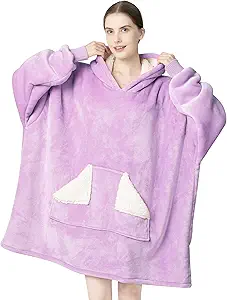 Touchat Wearable Blanket Hoodie, Oversized Sherpa Blanket Sweatshirt with Hood Pocket and Sleeves, Super Soft Warm Plush Hooded Blanket for Adult Women Men (Purple)