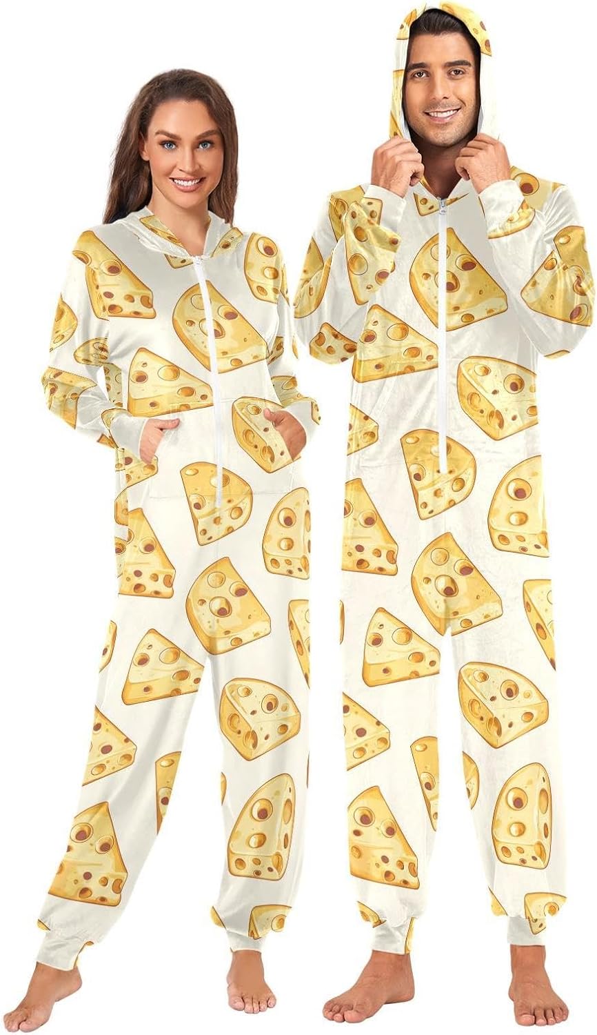 ZZKKO Cartoon Cheese Adult Onesie Pajamas for Women Men Cozy One Piece Pajamas Costume Zip-Up Hooded S-XL