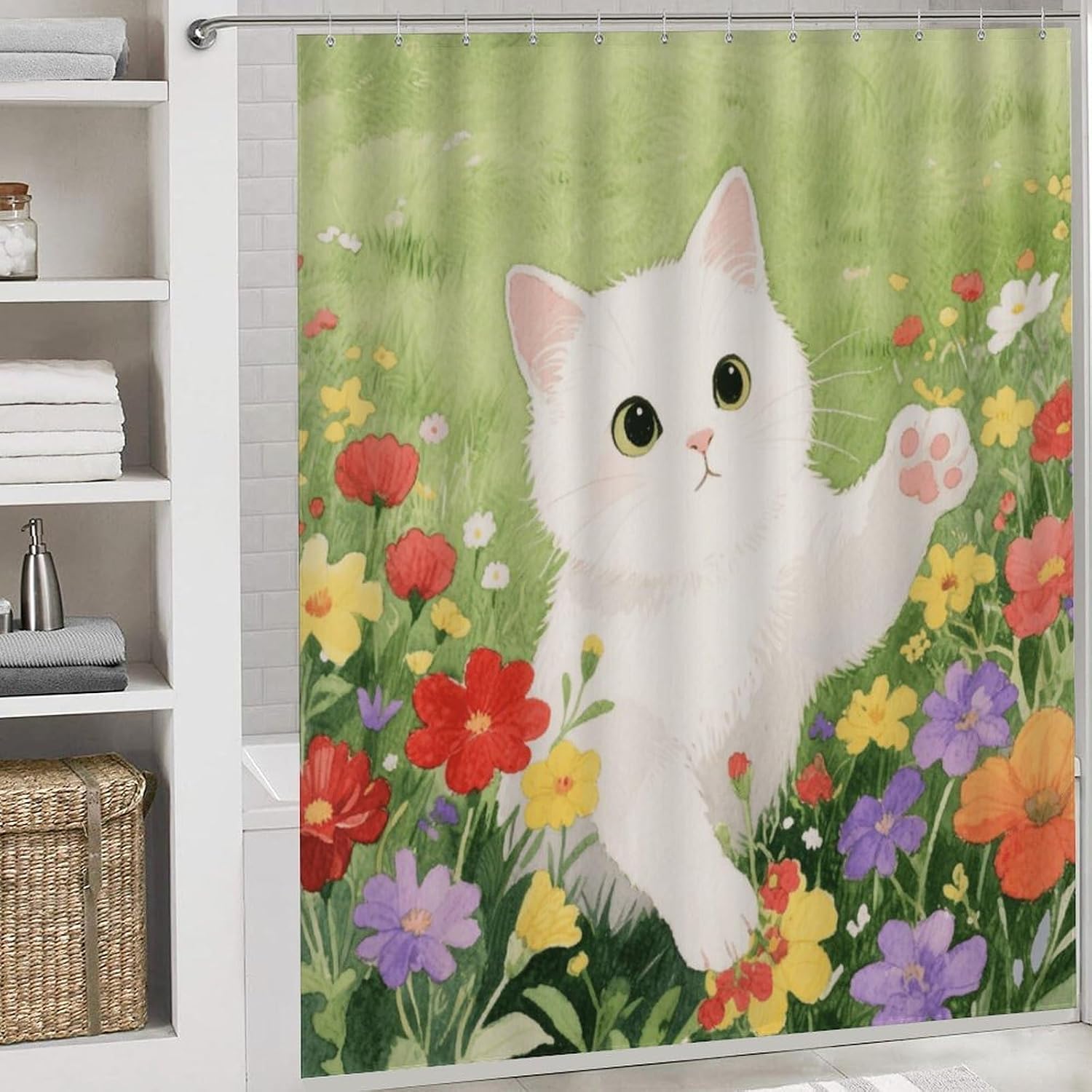 A Kitten Bath Rug Set 4 Piece,Bathroom Accessories Set-Toilet Rugs U Shaped,Toilet Lid Cover,Shower Curtain and Rugs,Ultra Soft, Absorbent,Home Decor