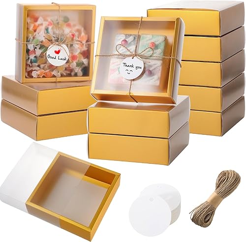 Roowest 50 juegos de cajas de jabón de papel kraft rectangulares con ventana, caja de regalo casera con etiquetas en blanco y cuerda de yute para