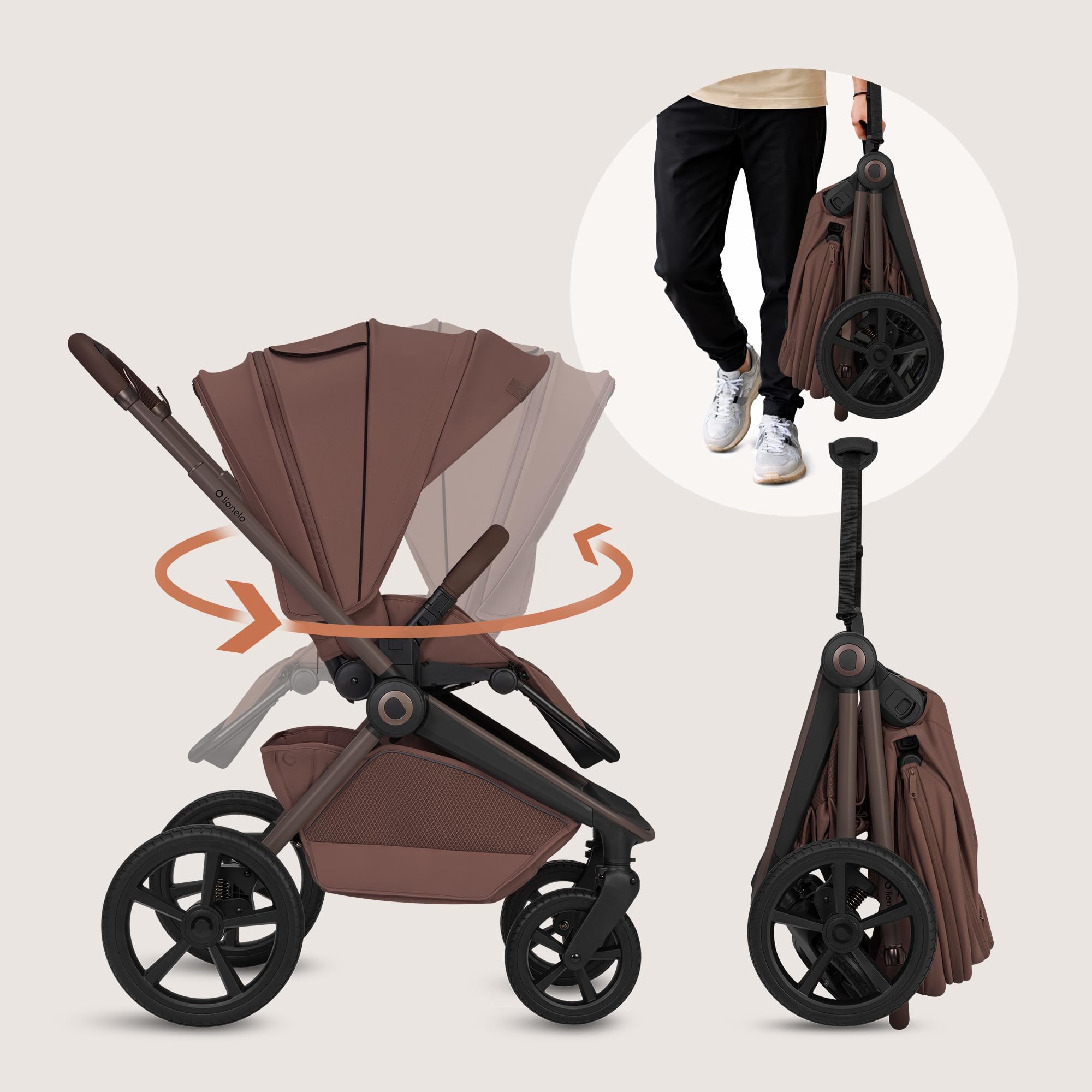 Lionelo Freya Trio Passeggino 3 in 1 per bambini 0-4 Anni/Fino a 22 kg | Navicella Pieghevole + Passeggino reversibile + Seggiolino Auto Ovetto I-Size 40-87 cm Sospensioni, Ruote PU, Capottina XXL