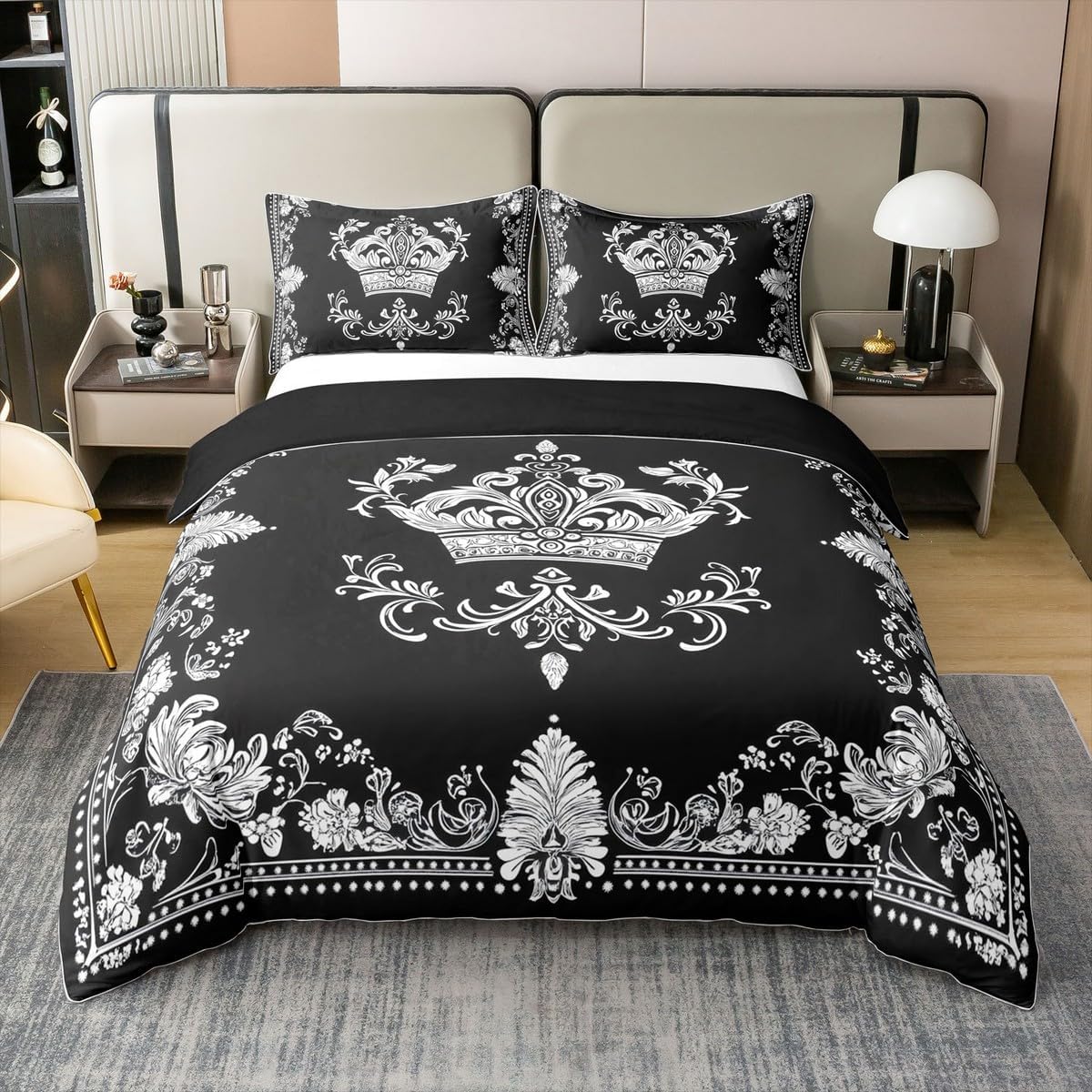 Castle Fairy White Damask 100% Cotton Duvet Cover Set Crown and Lace Floral Print Comforter Cover Set for Kids Bedroom Vintage Gothic Boho Plaid Black Bedding Comforter Cover Queen Size 3pcs