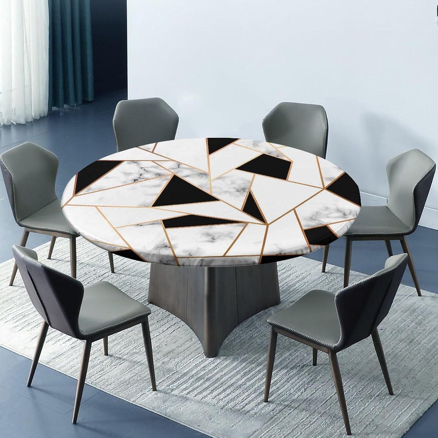 Round Fitted Tablecloth with Elastic Edge, Black White Geometric Marble Polyester Washable Table Cover, for Indoor Holiday Family Banquet and Outdoor Patio Use, Fit for 44" Table