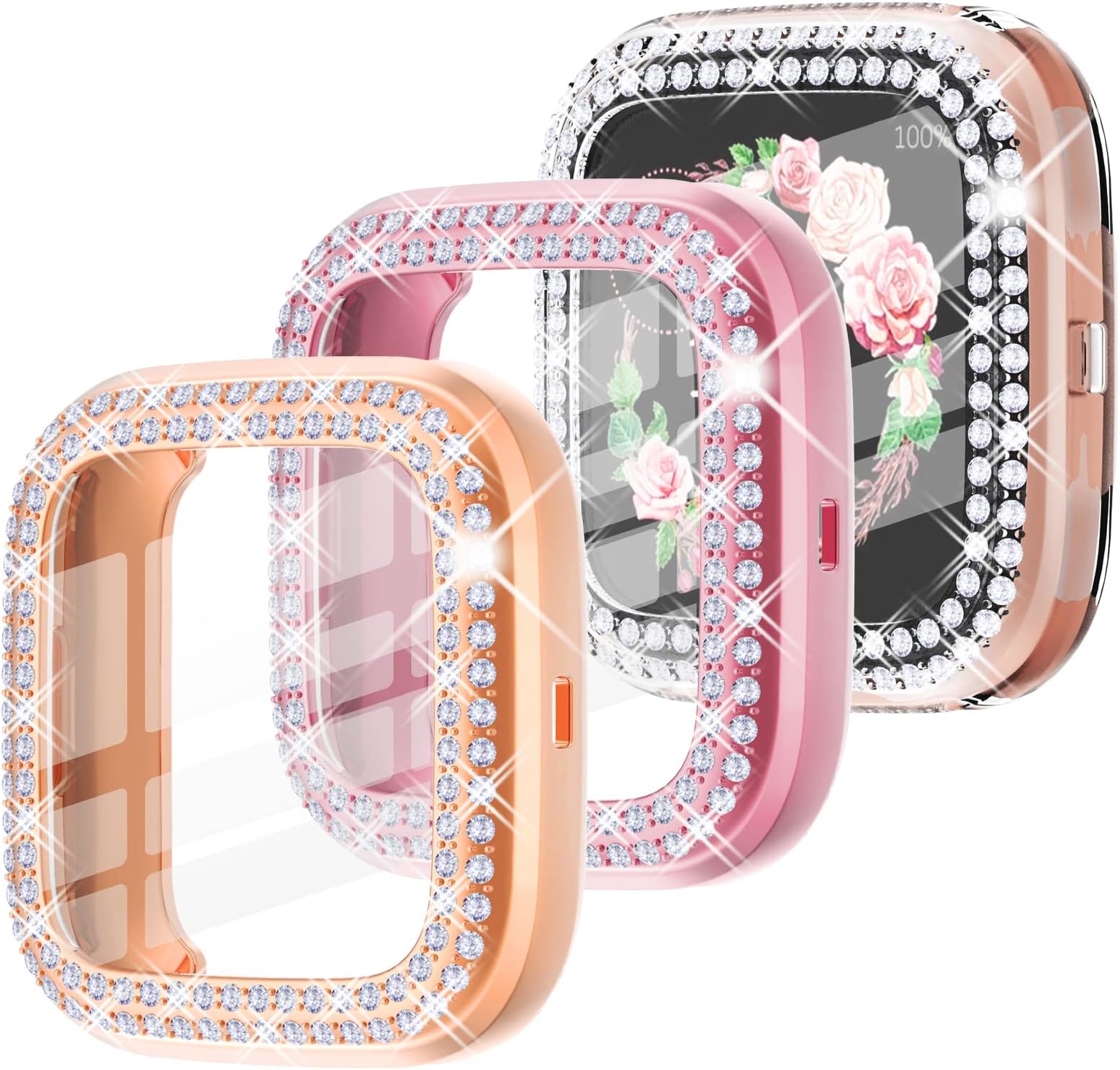 WINGLE 3pack for Fitbit Versa 3 watch Screen Protector Case Women Bling versa 3 watch Case for Fitbit Versa 3 Screen Protector Cover Overall Soft Slim Protective Bumper Shell, Rose Gold/Pink/Clear
