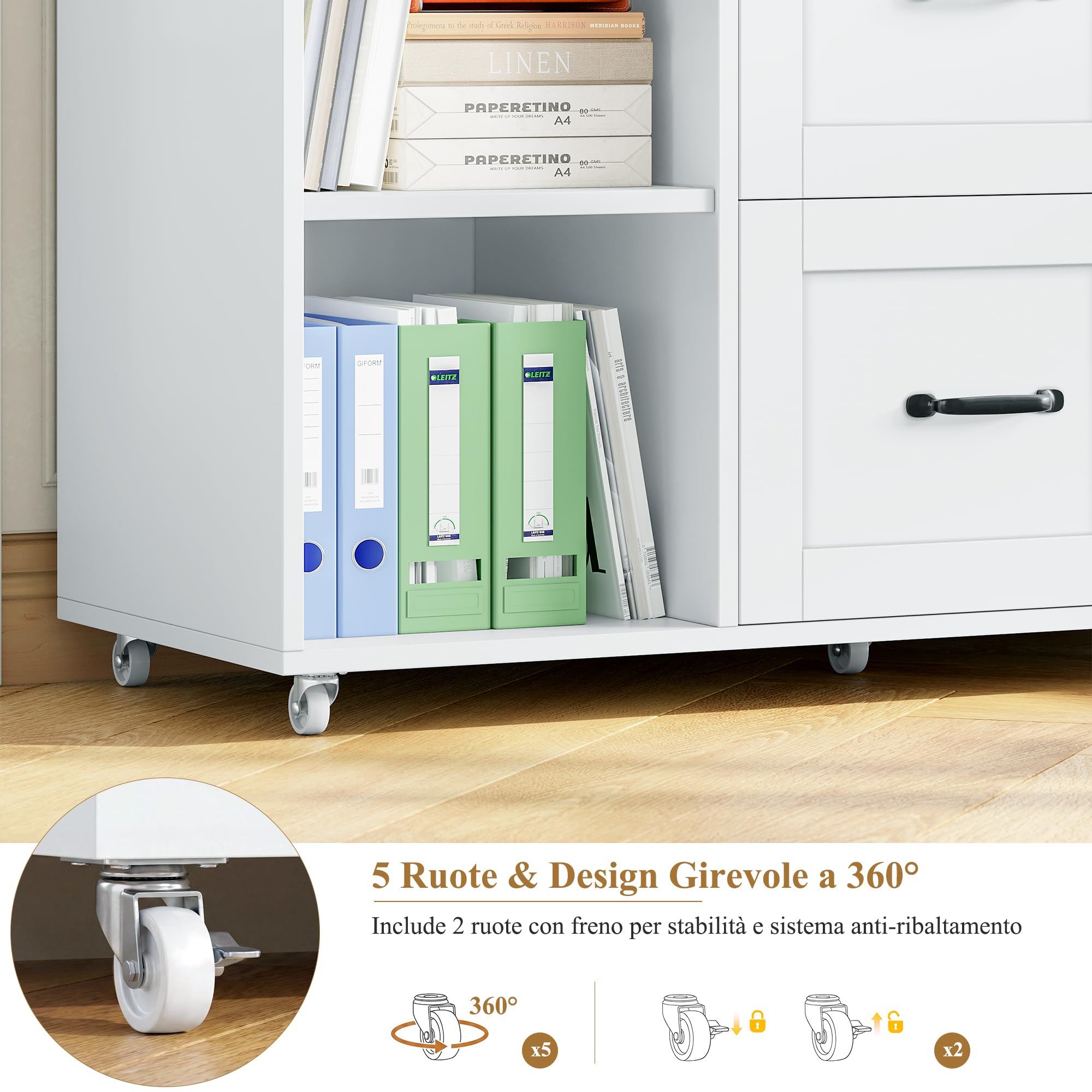 HOCSOK Armadietto Portadocumenti, Schedario da Ufficio, con Presa di Corrente e Porte USB, Cassettiera Ufficio a 5 Ruote, Cassettiera Scrivania per Documenti A4/Legal/Letter, Bianco, 108 * 37.8 * 76