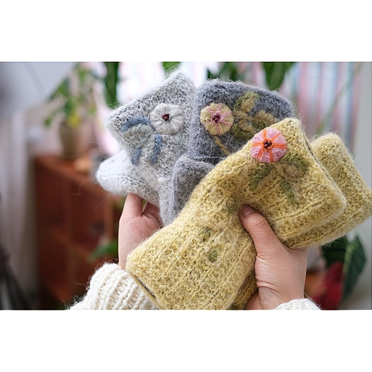 Women's Fingerless Gloves Hand Knif Mittens Cashmere Cute (yellow)