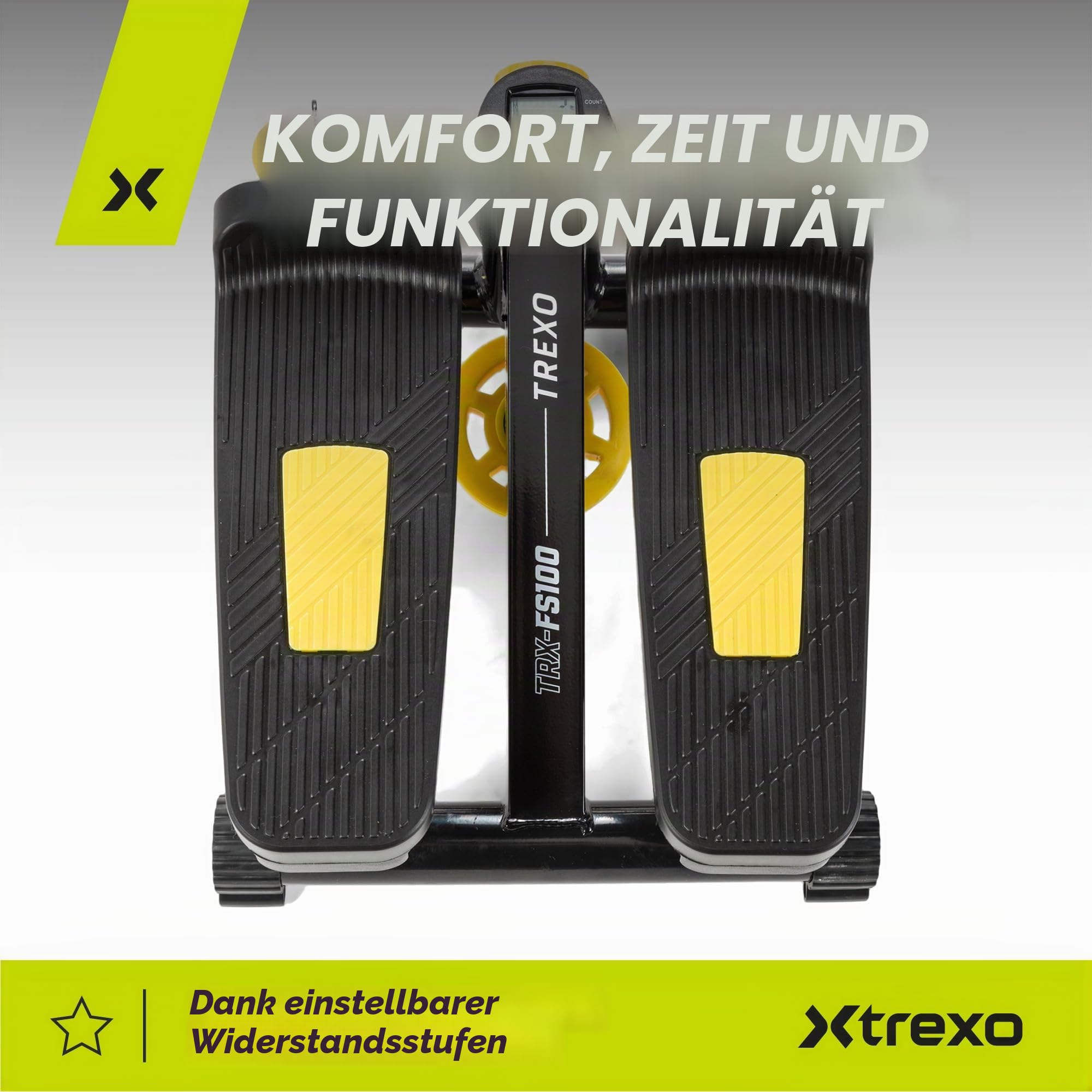 XTREXO Fitness Stepper für Zuhause | Einstellbare Pedalhöhe und Widerstand, Gut ablesbares Display, Hochbelastbare Kabel | Hometrainer bis zu 100 kg für Home Workout, Cardio | Schwarz/Gelb | FS100