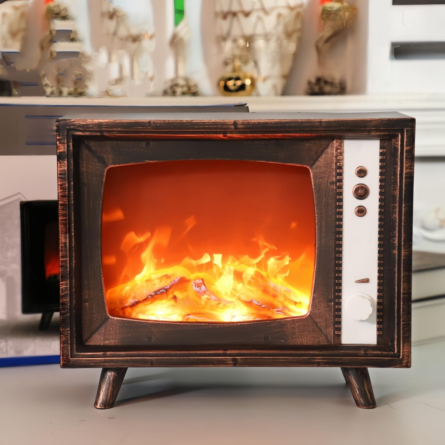 Simulated LED Fireplace Lantern USB & Battery Powered Flameless Light With Emulation Flame Table Decorative Lamp Copper Fireplace Ornament for Cozy Home Decor Free Standing Electric Log Burner