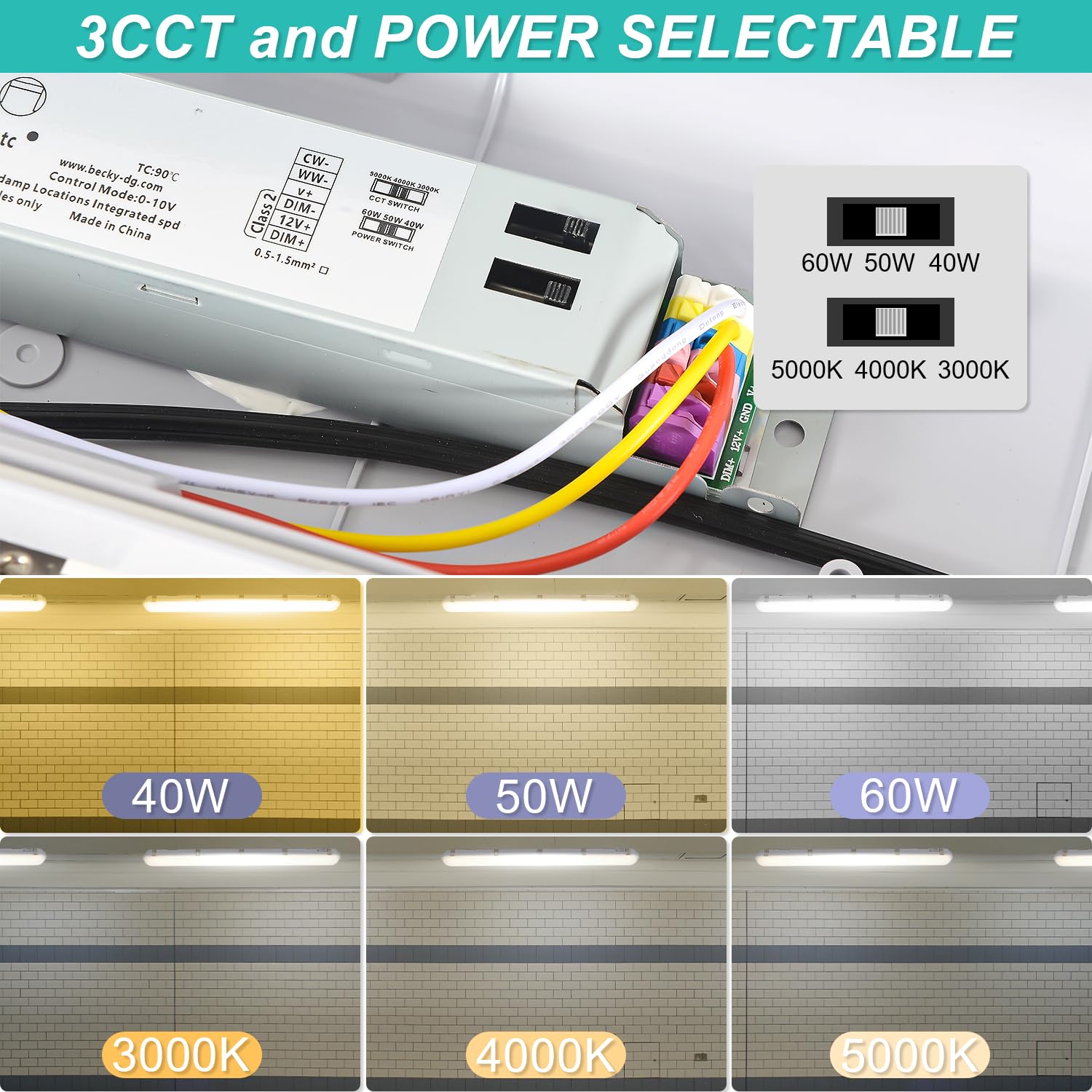 4FT LED Vapor Tight Light 3CCT 3-Wattage Selectable 40W 50W 60W 5200LM IP66 Waterproof Vapor Proof Fixture 100-277V — view 5