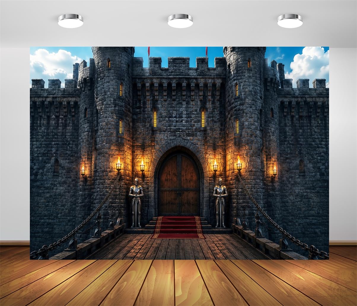 BELECO 6x3m Sfondo in tessuto Castello Medievale Porta in Pietra | Ponte Levatoio Castello Torce Tappeto Rosso Ingresso Sfondo Festa Compleanno Tema Cavaliere Telo Di Sfondo