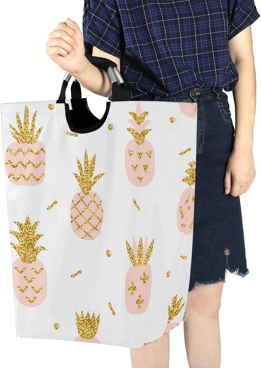 senya Pink Pineapple with Gold Glitter Large Storage Basket with Handles Collapsible Organizer Bin Laundry Hamper for Nursery Clothes Toys