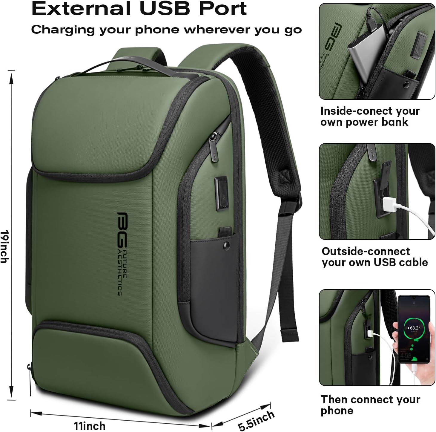 BANGE Business Laptop Smart backpack Can Hold 15.6 Inch Laptop Commute Backpack Carry on bag for men and women (Green) - Image 3