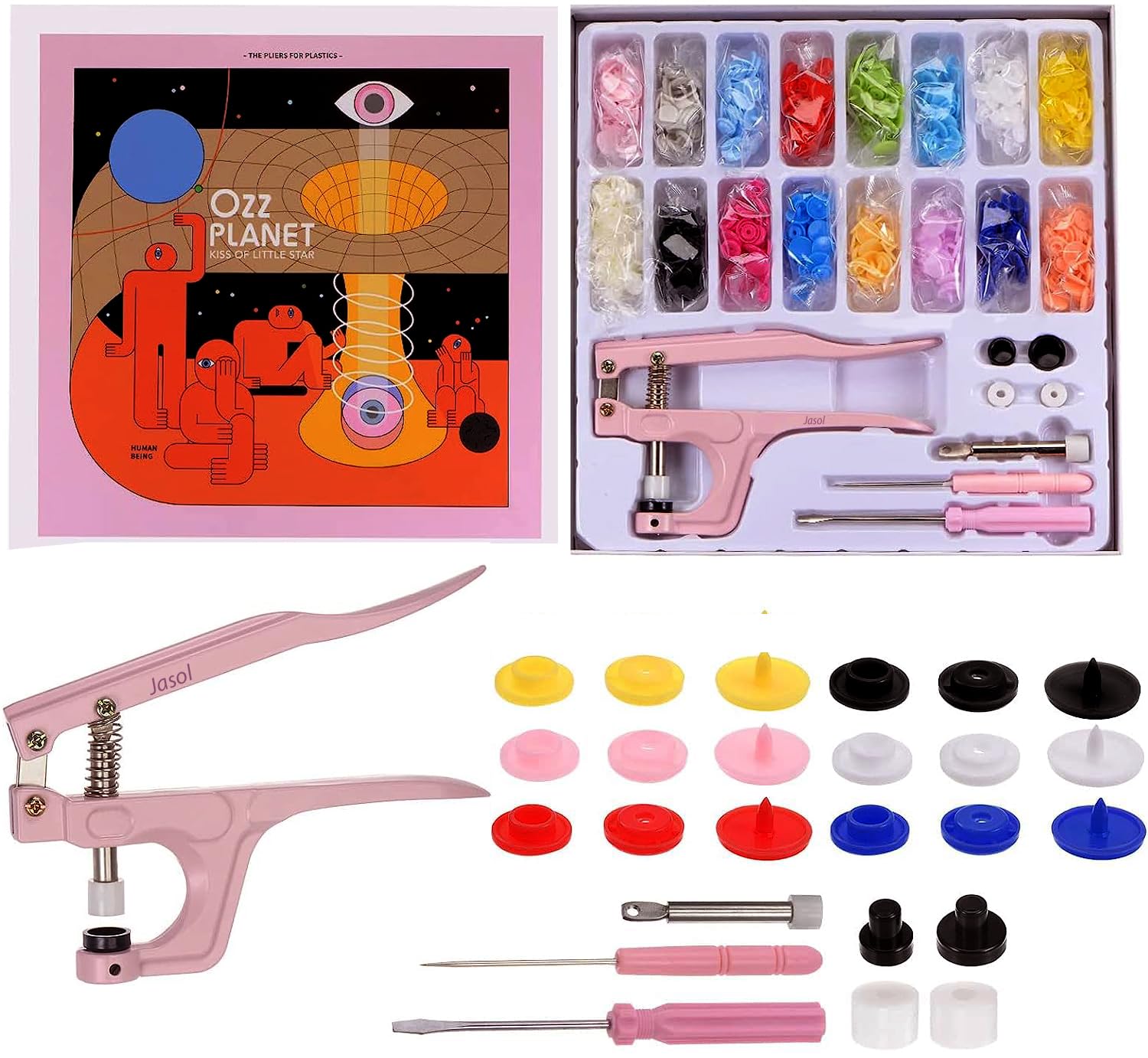 Jasol Snaps Button and Snap Pliers Set, 160 Sets of T5 Plastic Snaps for Sewing, Crafting Supplies, Snap Button Maker