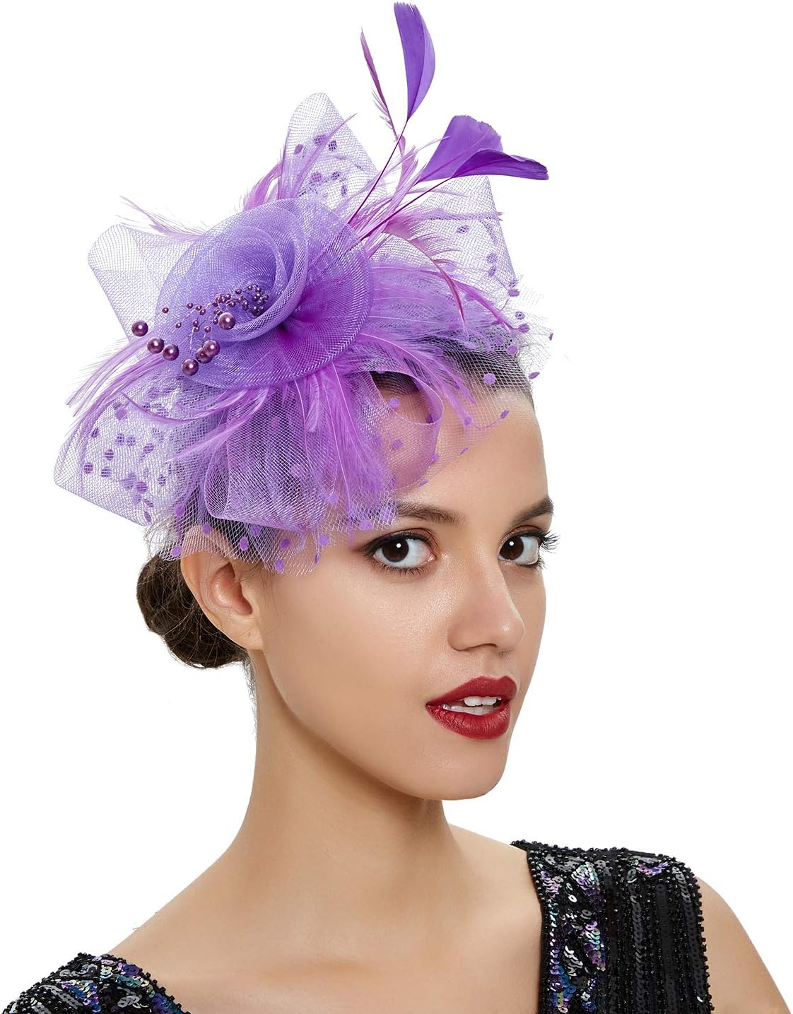 Fascinators Hats Tea party headpiece feather hat flower with hair clip and headband Suitable for Women.