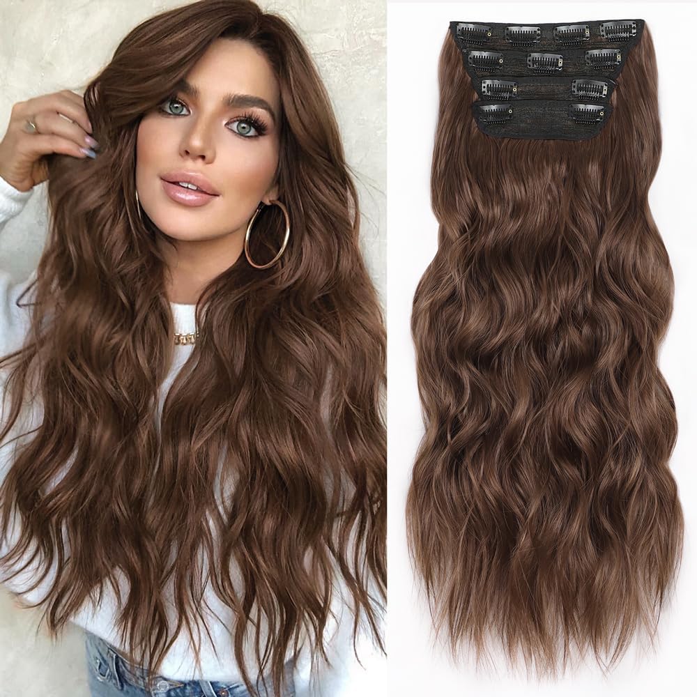 ALXNANClip in Hair Extensions for Women,Light Brown Long Wavy Hair Extensions Clip Ins 4PCS 24 Inch Synthetic Soft and Natural Thick Hair Pieces for Women