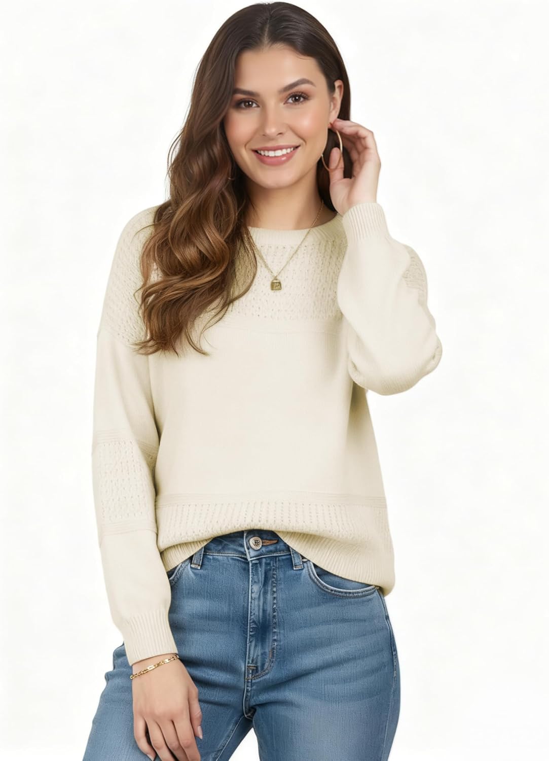 Buauty Women's Crochet Sweaters Casual Long Sleeve Crewneck Cable Knit Pullover Soft Lightweight Tops for Fall Winter - Image 5