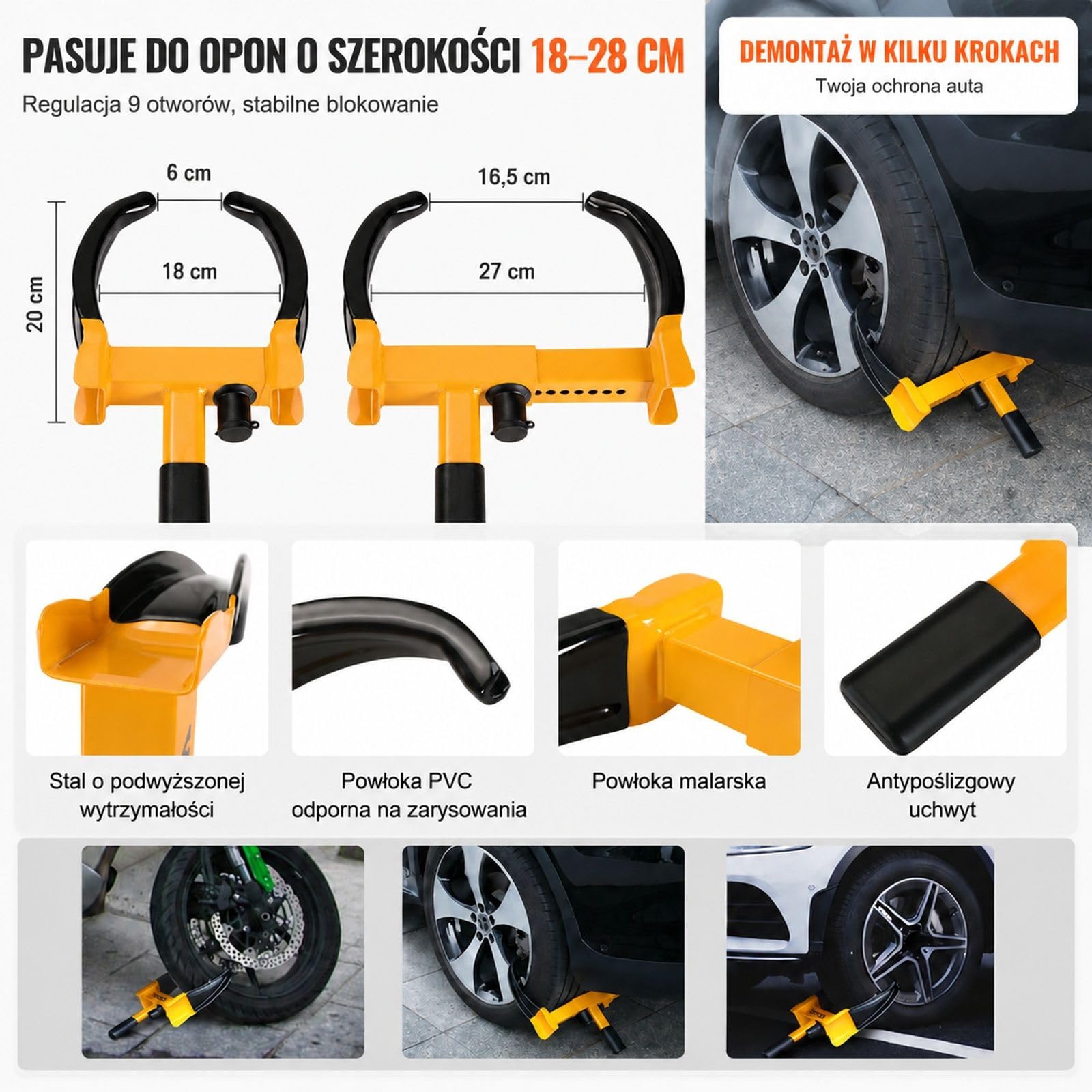 Zaciski do kół 2 szt, żółte, stal Q235, 9 regulowanych pozycji, 6 kluczy, do samochodów, SUV, przyczep i kamperów