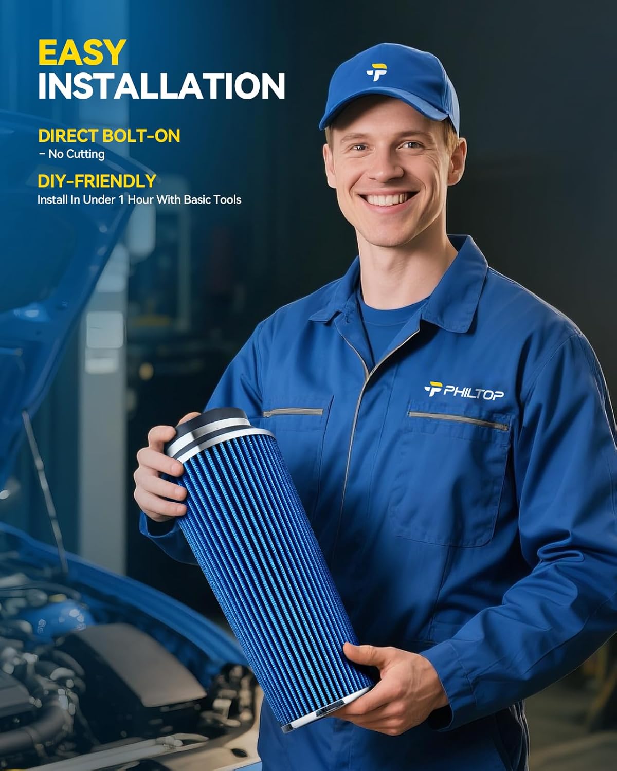 PHILTOP Cold Air Intake System Aluminum Polished Blue High Flow Replacement for 2009-2019 Nis-san 350Z 3.7L V6, 2008-2013 I-n-Fi-n-i-t-i G37 3.7L V6, High Performance Filters