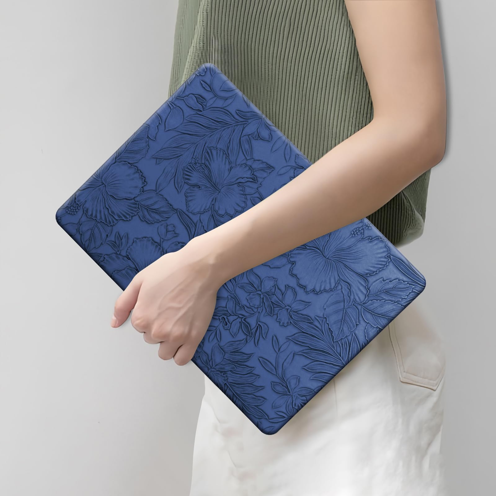 Étui découpé avec logo floral pour MacBook Neo 33 cm 2026 A3404 A18 Pro Chip | Coque rigide élégante texturée en cuir synthétique pour MacBook Neo 2026 avec housse de clavier, bleu