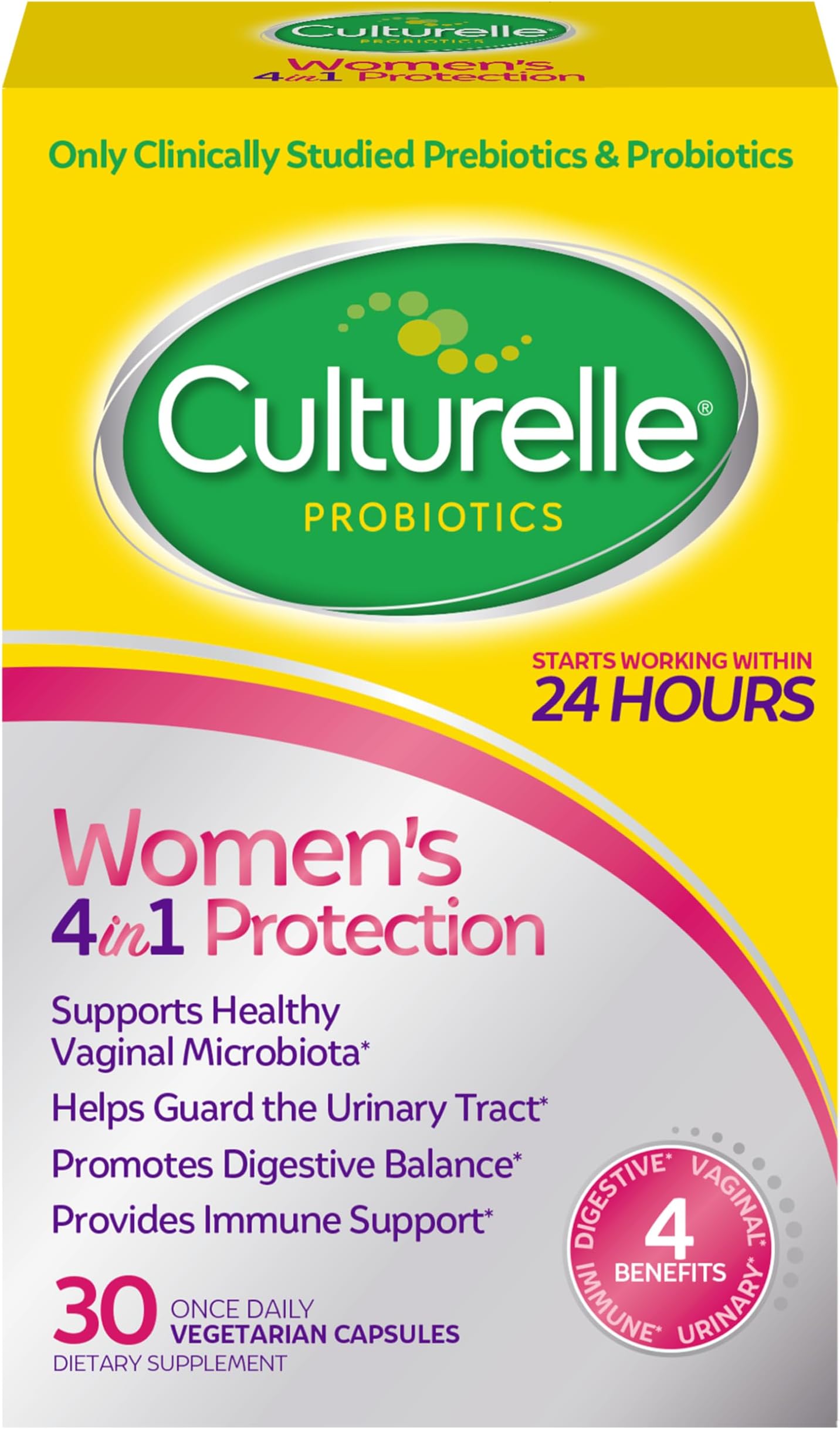 Culturelle Probiotics for Women with Prebiotics - 4-in-1 for Vaginal, Digestive, Urinary & Immune Health - pH Balance, Bloating & Gas Relief - Daily Vegetarian Capsules, Non-GMO - 30 Count