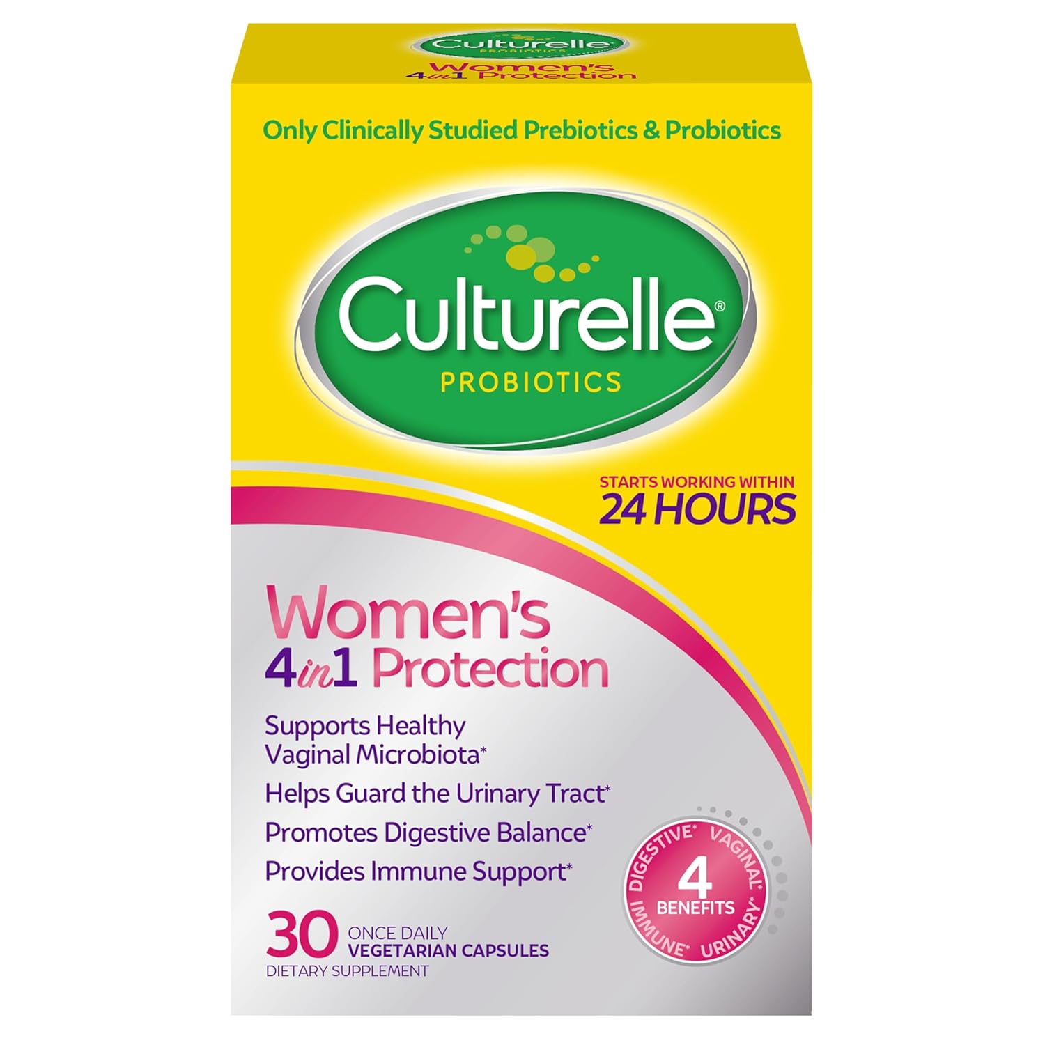 Culturelle 4-in-1 Probiotics for Women Daily Probiotic Prebiotic Supplement to Support Vaginal Health Digestive Health Immune Health Occasional