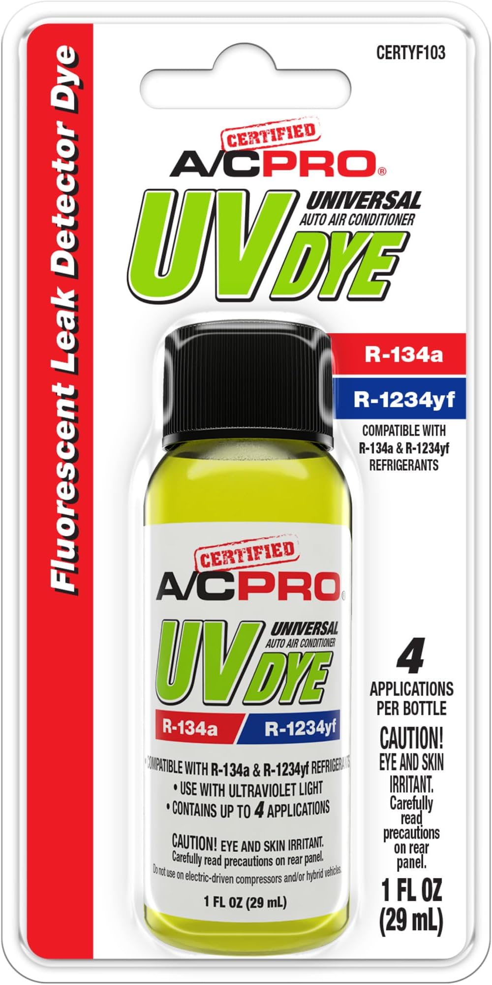 Interdynamics Certified A/C Pro Car Air Conditioner Leak Detector Dye, Leak Detection Uv Dye Detects Leaks In R-1234Yf Ac Systems, 1 Oz