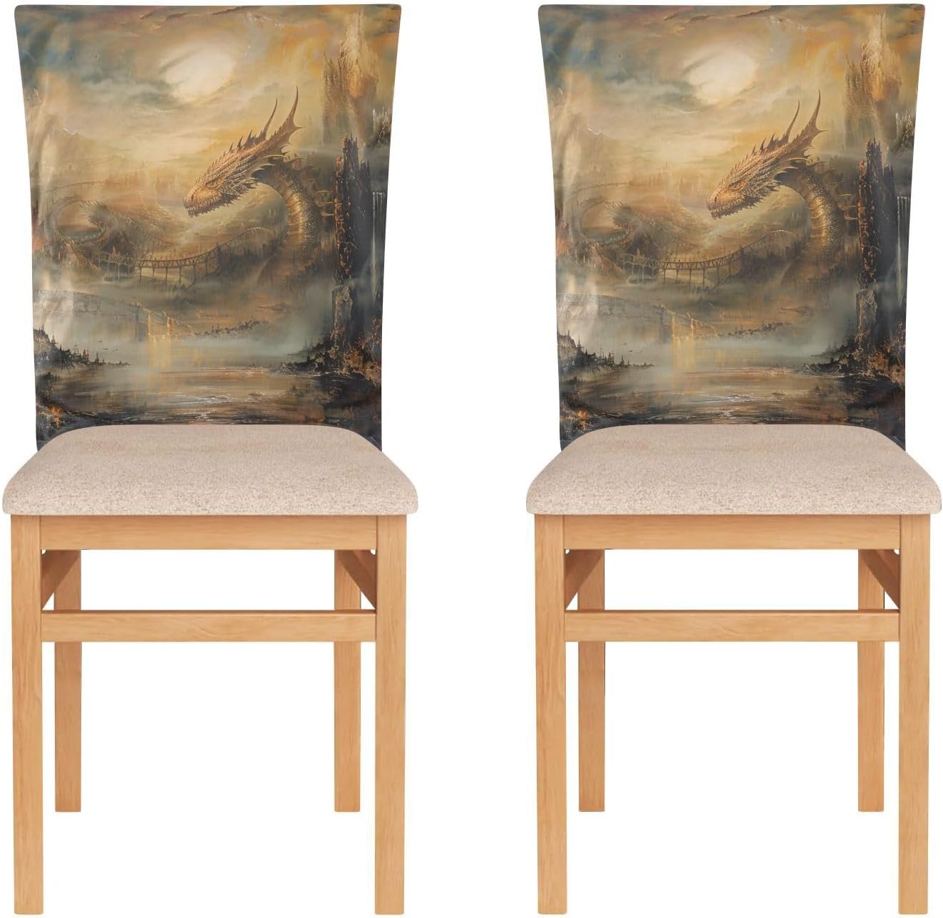 ALAZA Dragon in The Dreamy Landscape Chair Back Cover Set of 6, Washable Reusable Removable Chair Slipcovers Decorative Chair Cover for Home Kitchen Wedding Party