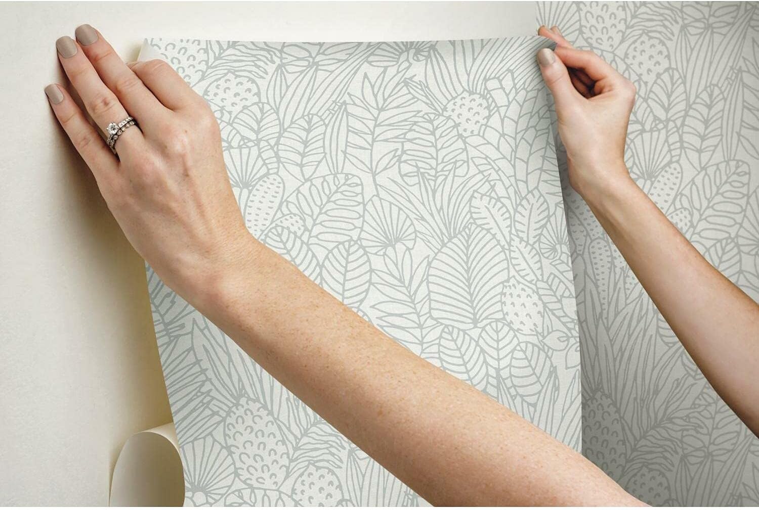 RoomMates RMK12047WP Beige and Gray Tropical Leaves Sketch Peel and Stick Wallpaper