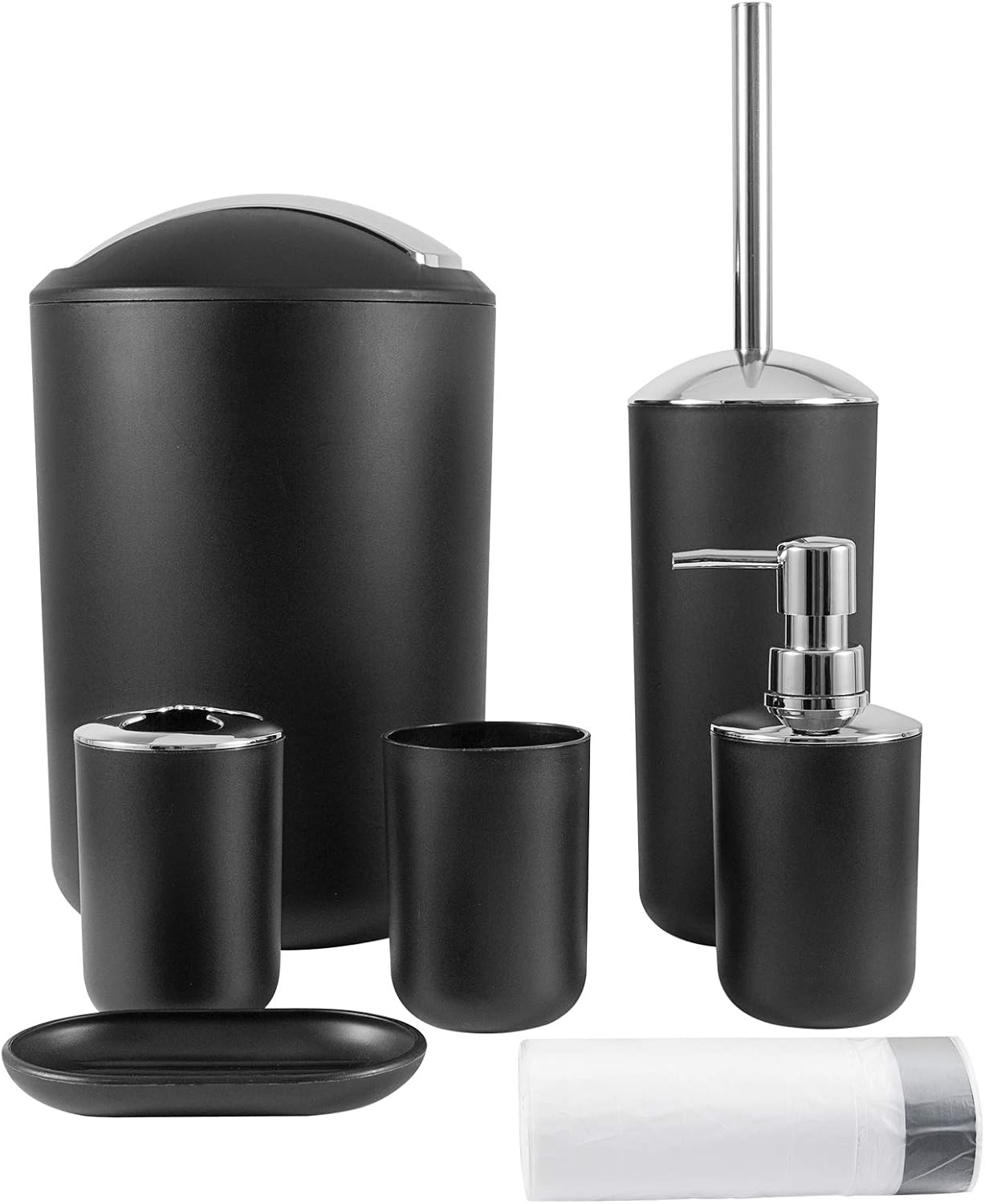 Bathroom Set 6 Pieces Plastic Bathroom Accessories Set Ensemble Set Toothbrush Holder,Toothbrush Cup,Soap Dish,Lotion Dispenser,Toilet Brush with Holder,Trash Can with Drawstring Garbage Bags