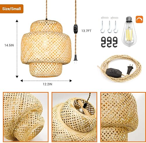 Miniatura 6 de Qwoo Lámpara colgante de bambú, pantalla de lámpara de ratán de 13.8 pies, lámpara de mimbre tejida a mano para colgar en el techo, araña de bambú