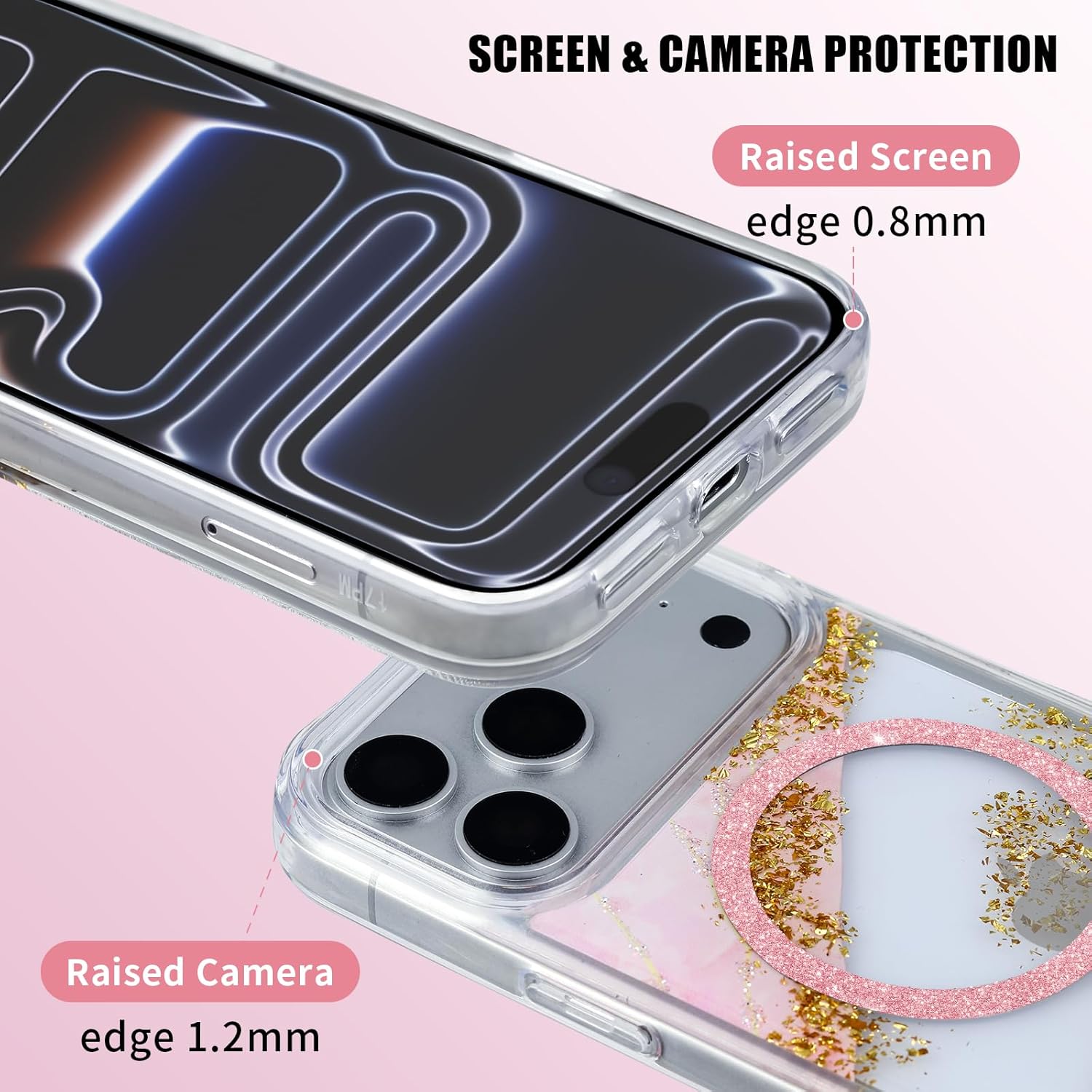 Glitter Case for iPhone 17 Pro Max, Luxury Shiny Bling Sparkly Phone Cover, Wireless Charge Compatible with MagSafe,Cute Marble 3D Gold Foil Accents Clear Cover for Women, Girls - Pink - Image 5