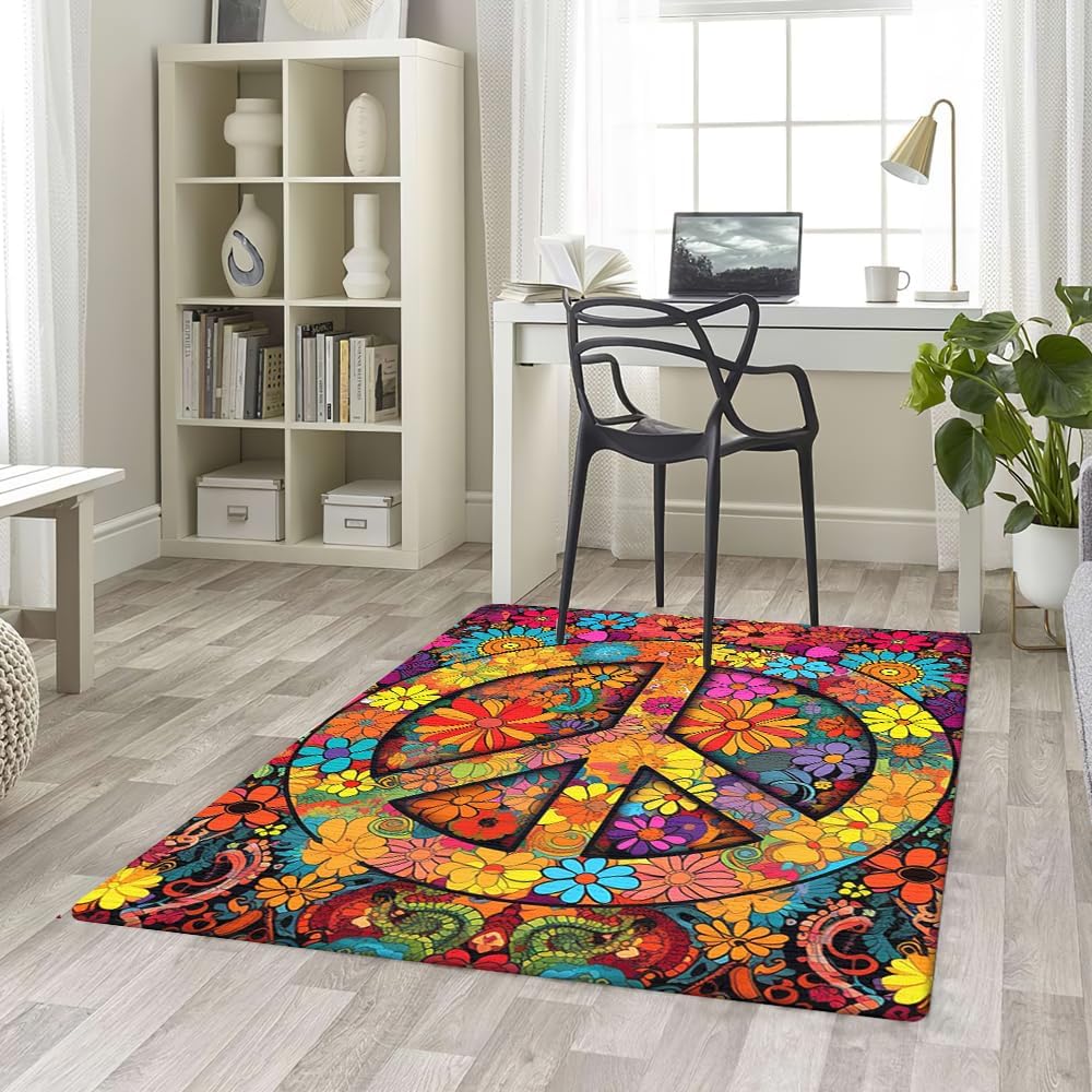 Custom Hippie Rug - Peace Sign Area Rug, 3x5, Non Slip, High Pile, Indoor, Spot Clean Only, Rustic