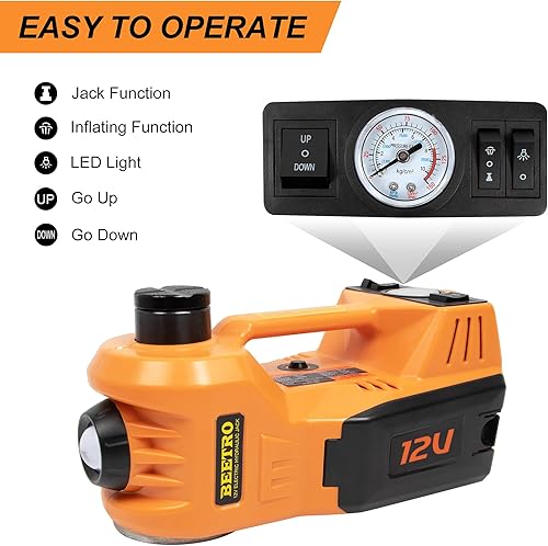 Miniatura 3 de BEETRO Gato eléctrico para automóvil de 3 toneladas, elevador hidráulico con bomba infladora integrada, luces LED y llave eléctrica, gato portátil