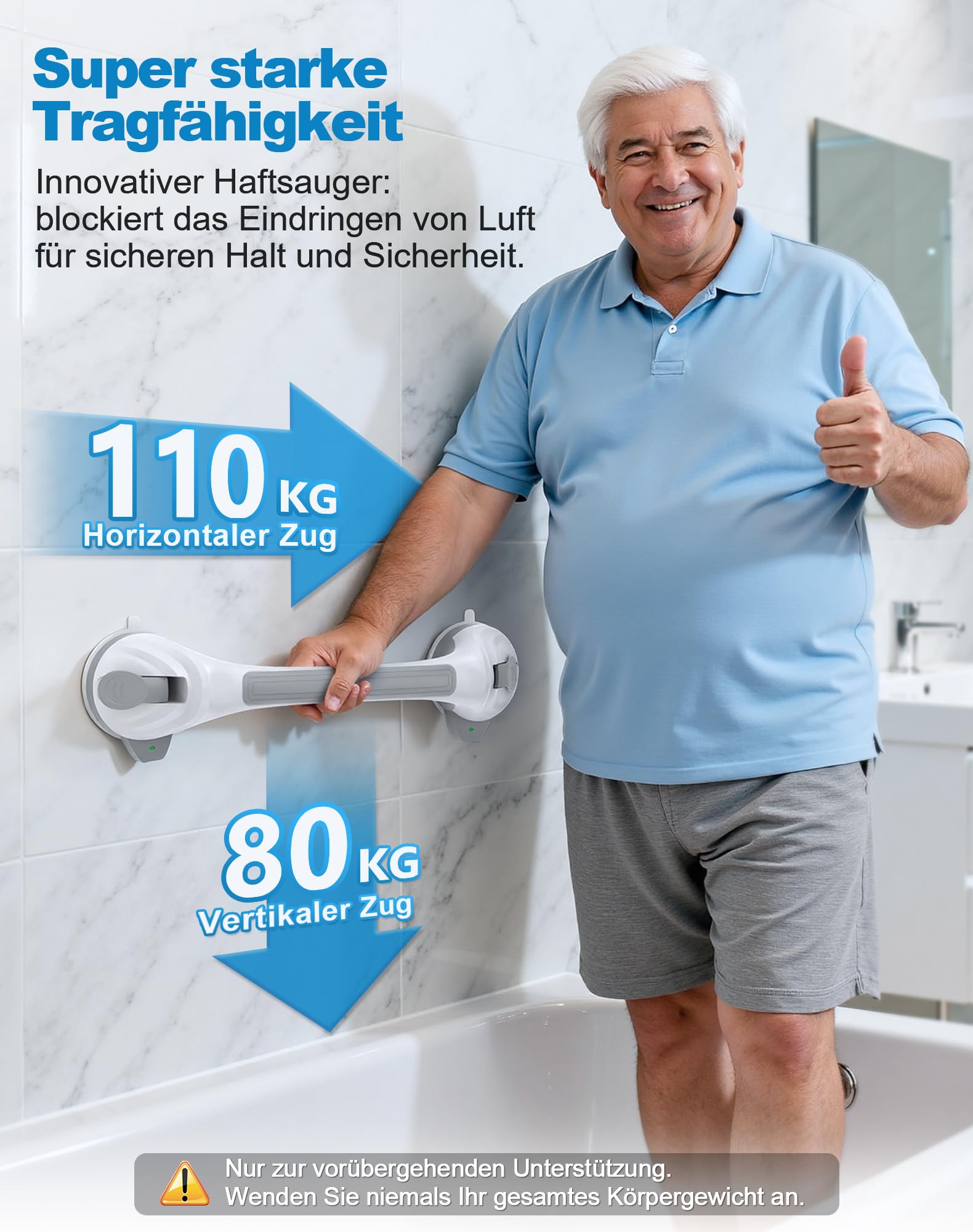 2 Stück Haltegriffe für Senioren,Haltegriff mit Saugnapf 42.5 CM Badewannengriff Ohne Bohren Maximale 110KG Haltegriff Dusche für Bad Badewanne Dusche