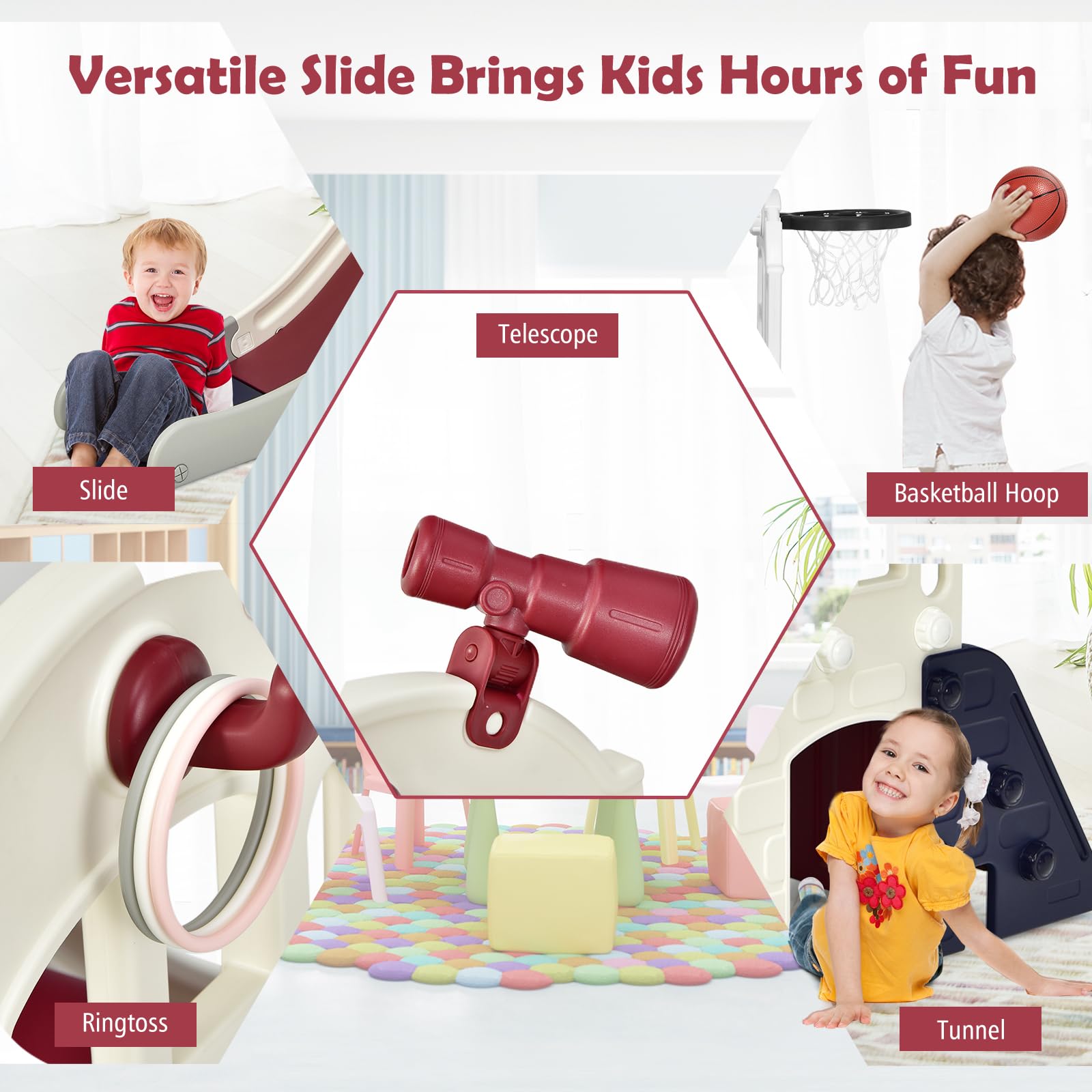 HOMASIS Parco Giochi con Scivolo, Canestro da Basket e Telescopio per Bambini 3+ Anni - Set per Interni ed Esterni, 189,5 x 83 x 98 cm (Blu)