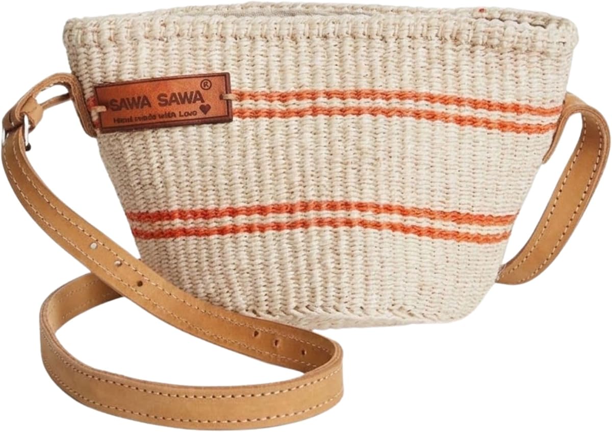 SAWA SAWASmall Generous Peace Handmade Sisal African Crossbody Bag, Hand Woven Market Economical Grocery Shopping Bags with Leather Strap Handles and Zipper Closure, Summer Beach Handbag for Women Travel