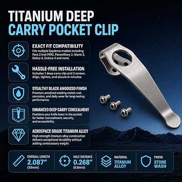 4-pack Titanium Deep Carry Pocket Clip Compatible with Spyderco Para 3 & Paramilitary 2 Knives - Custom Stone Wash Finish with 12 Screws