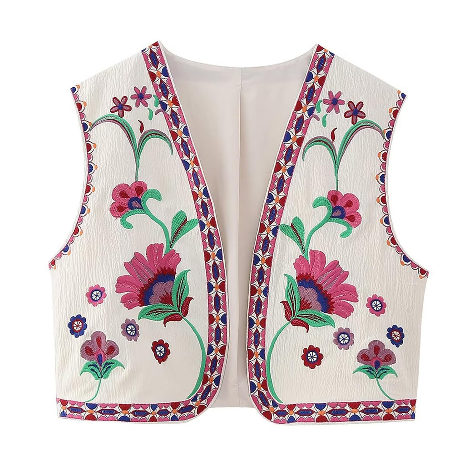 Yojeasrio Women Vintage Floral Embroidered Vest Cute Boho Open Front Vest Y2K Sleeveless V Neck Crop Cardigan Top